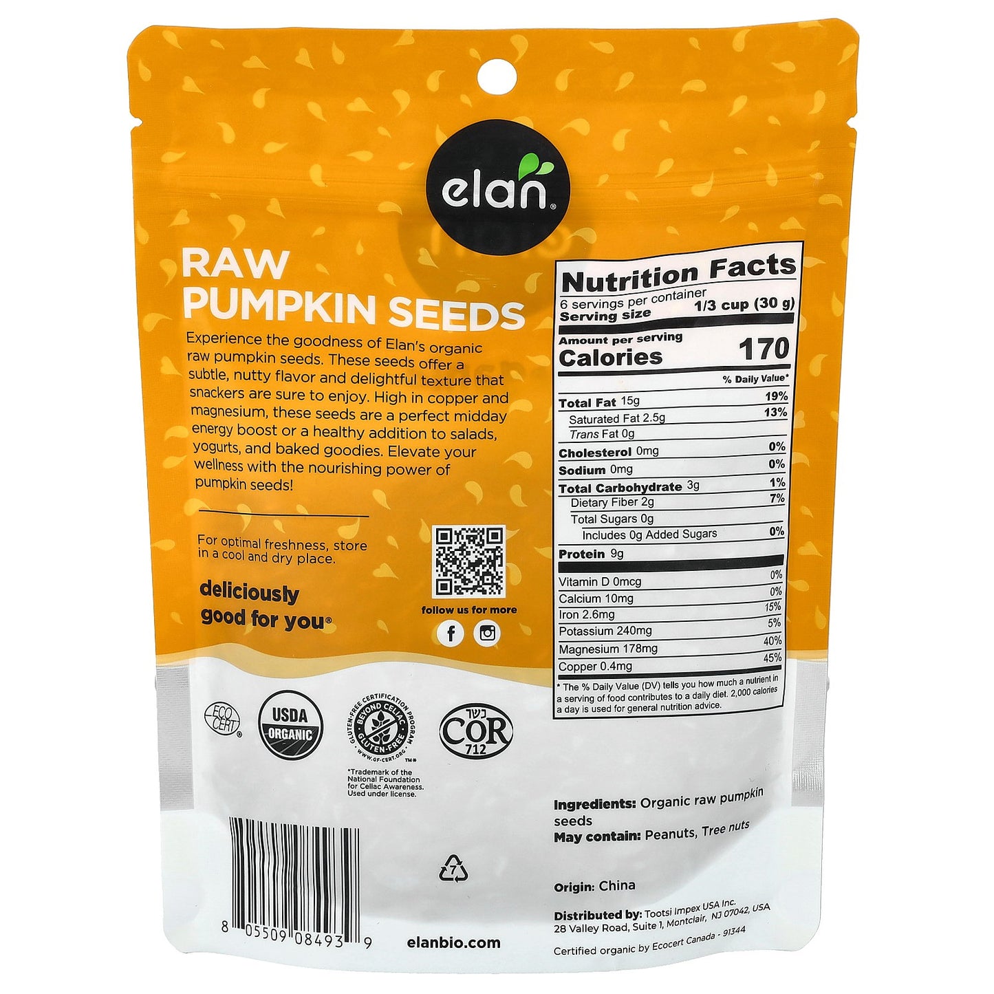 Elan, Organic Pumpkin Seeds, Raw , 6.5 oz (185 g)