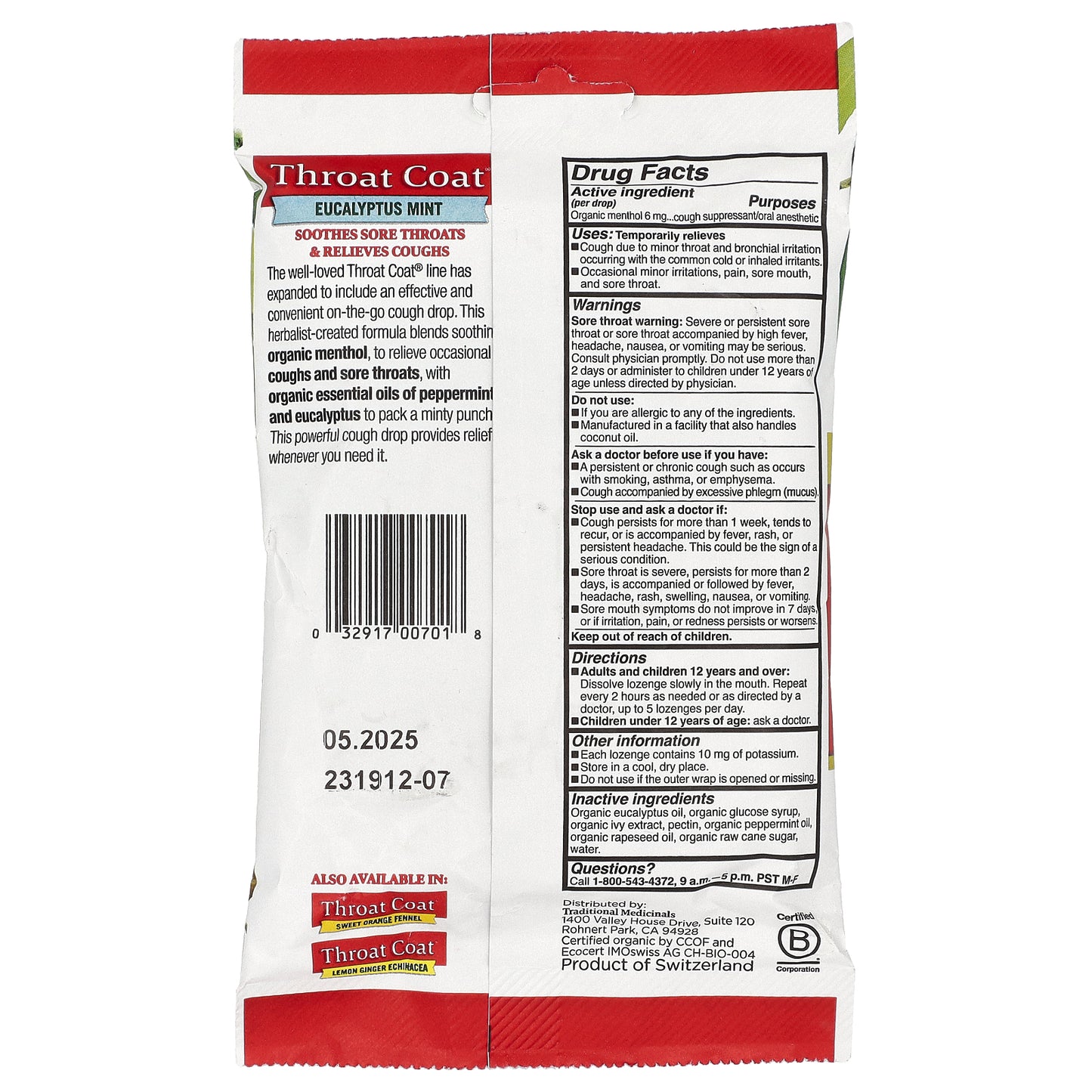 Traditional Medicinals, Organic Throat Coat® Drops, Eucalyptus Mint, 16 Menthol Cough Drops