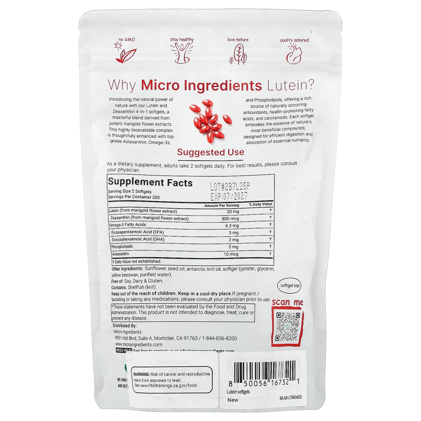 Micro Ingredients, Lutein With Zeaxanthin, 400 Softgels
