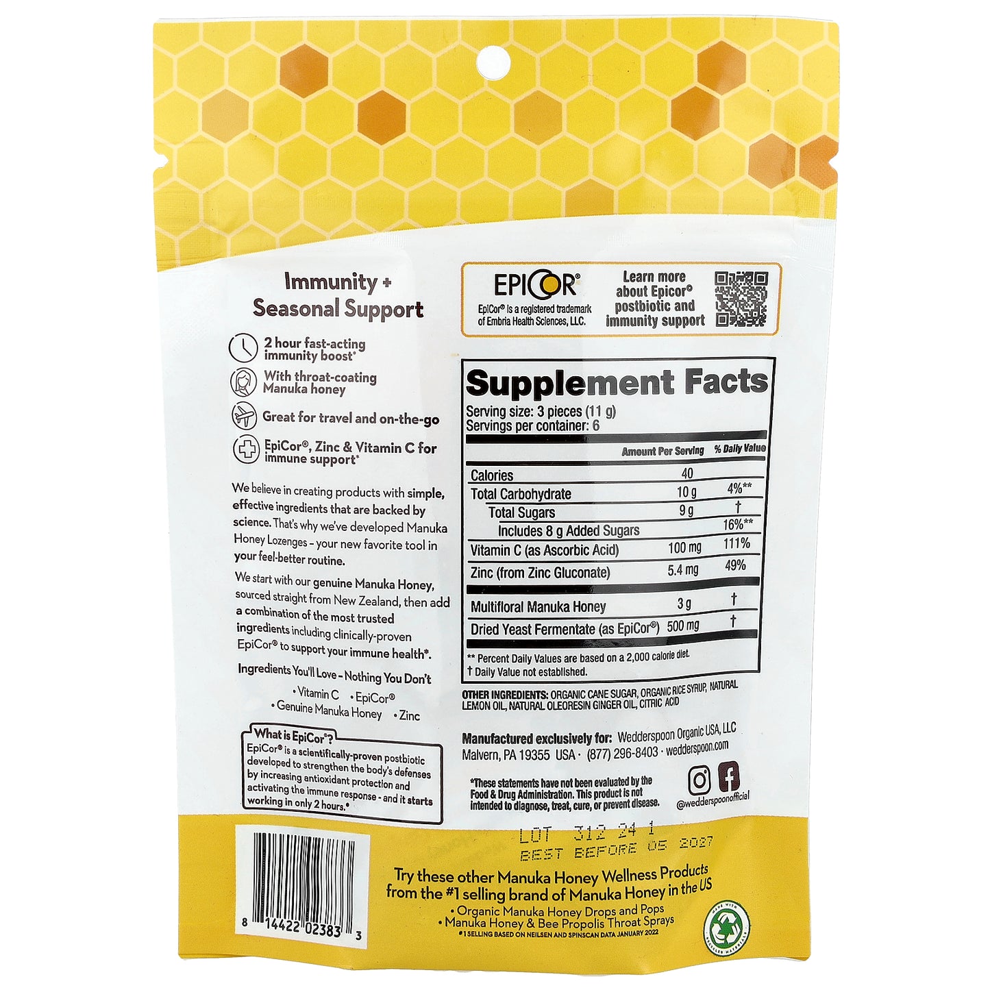 Wedderspoon, Manuka Honey Lozenges, Lemon Ginger, 18 Count, 2.6 oz (74 g)