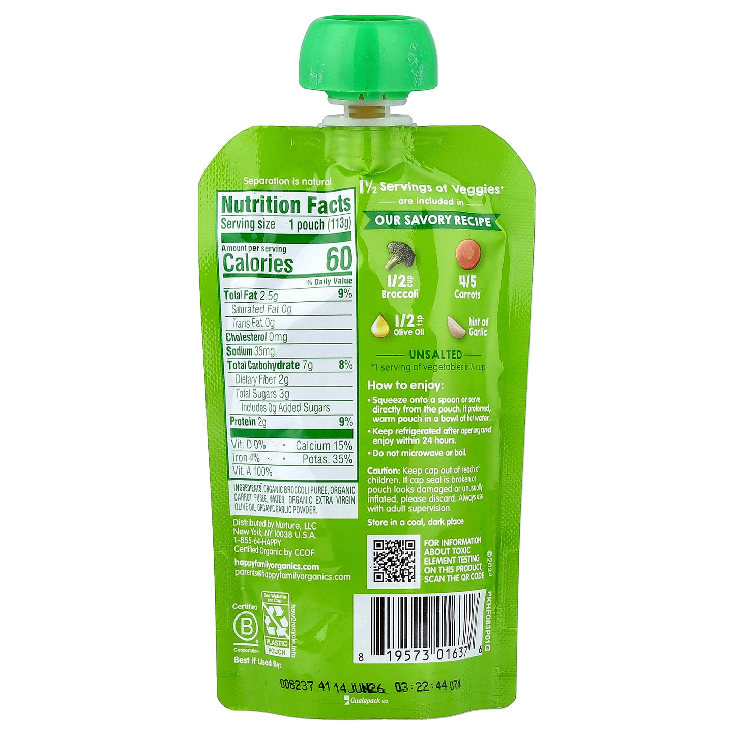 Happy Family Organics, Happy Baby®, Organic Broccoli & Carrots with Olive Oil + Garlic, 6+ Months, 4 oz (113 g)