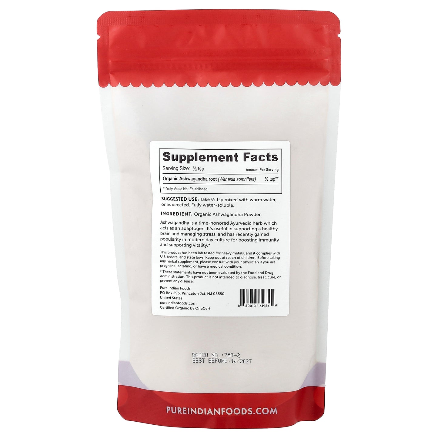 Pure Indian Foods, Organic Ashwagandha Root Powder, 8 oz (227 g)