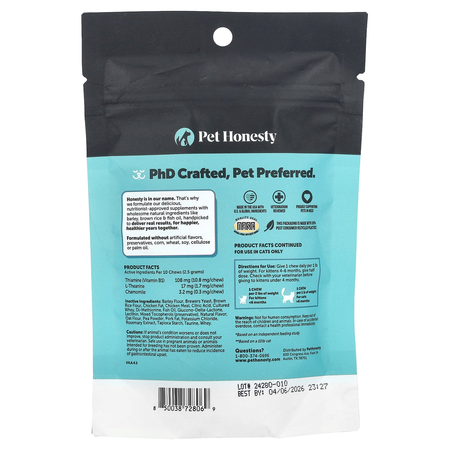 Pet Honesty, Calming, For Cats, Chicken, 3.7 oz (100 g)