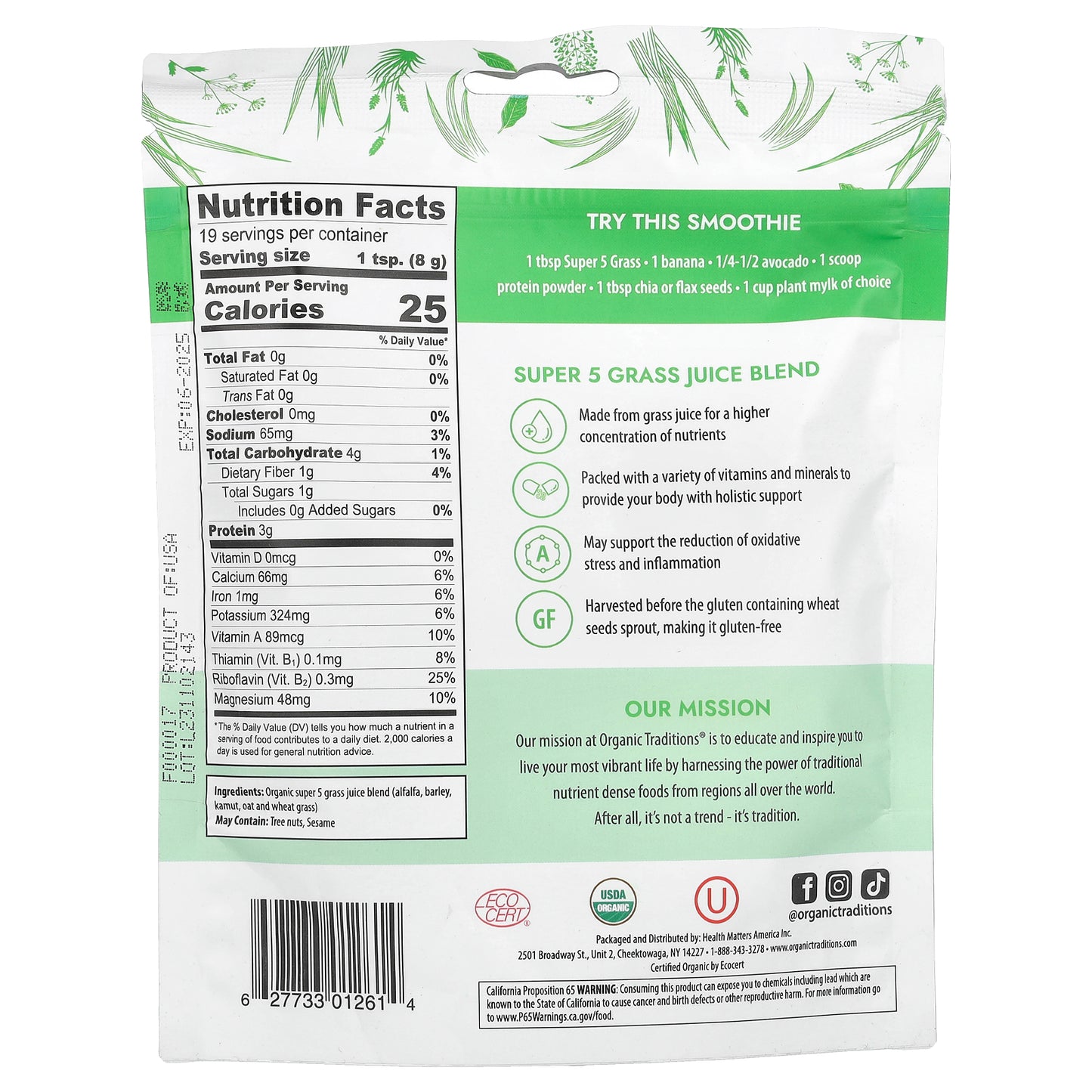 Organic Traditions, Super 5 Grass Juice Blend, 5.3 oz (150 g)