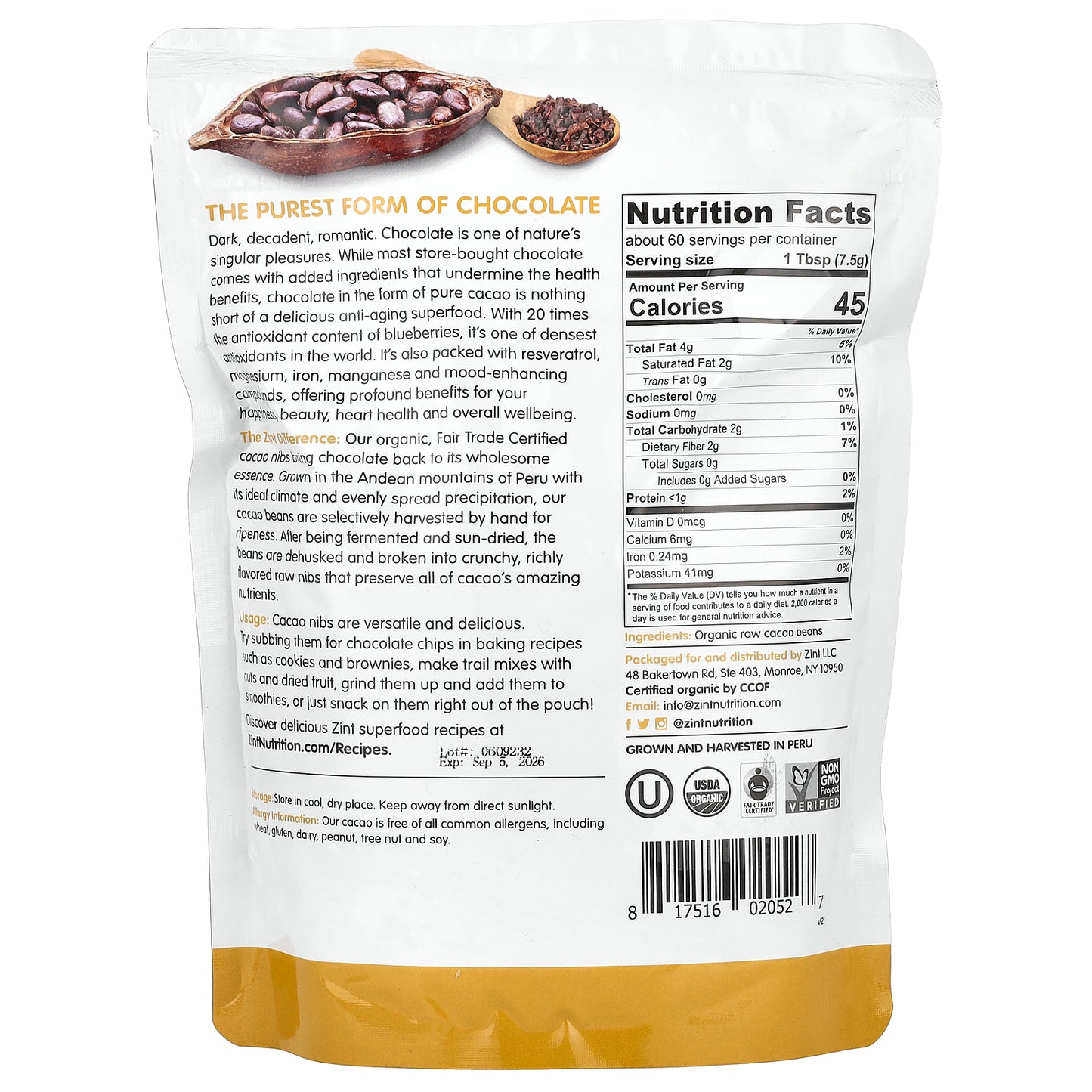 Zint, Raw Organic Cacao Nibs, 16 oz (454 g)
