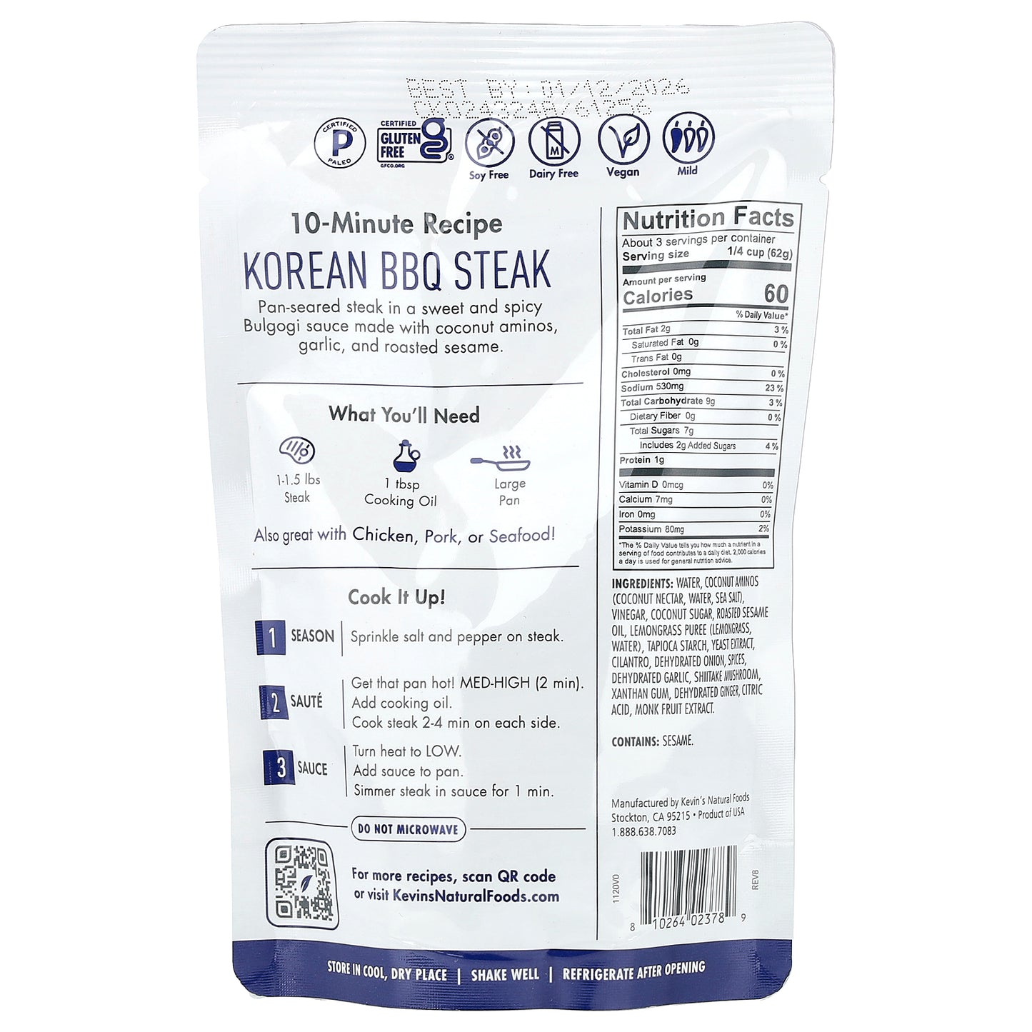 Kevin's Natural Foods, Korean BBQ Sauce, Mild, 7 oz (198 g)