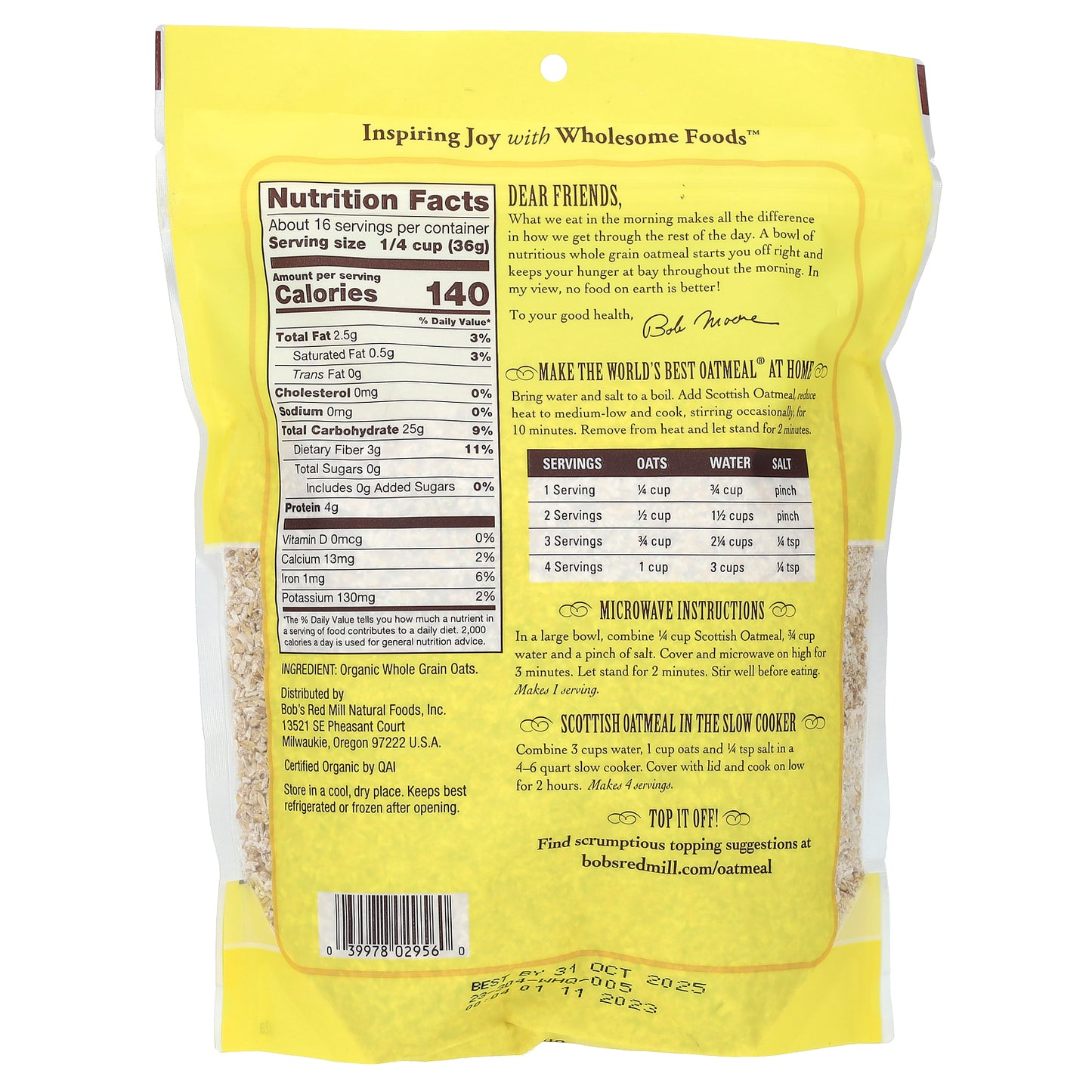 Bob's Red Mill, Organic Scottish Oatmeal, 20 oz (567 g)