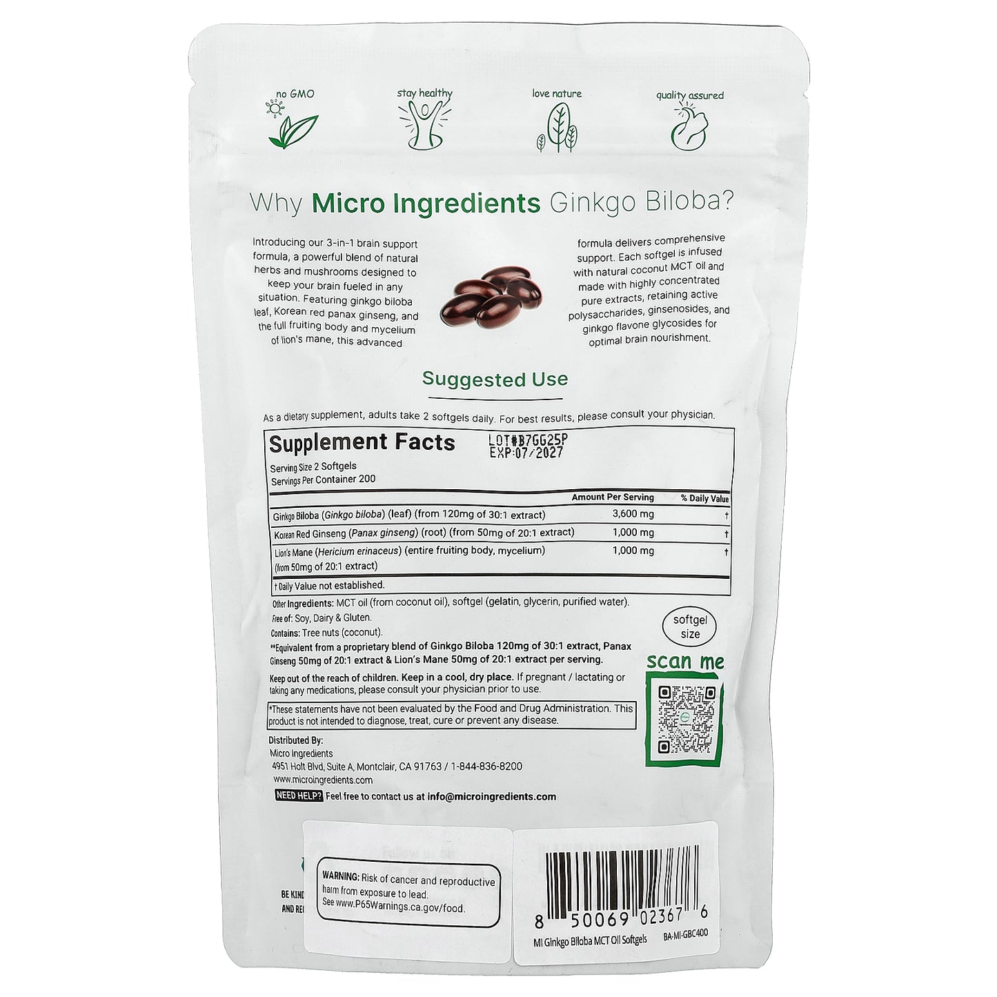 Micro Ingredients, Ginkgo Biloba, Panax Ginseng, Lion's Mane, 400 Softgels