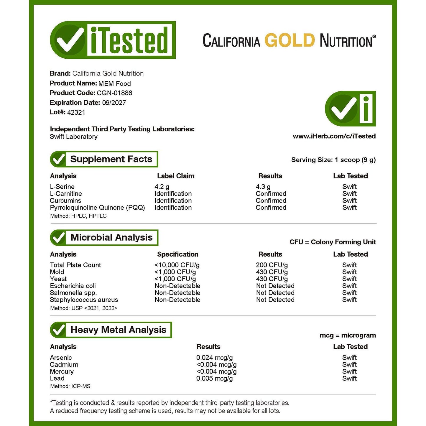 California Gold Nutrition, MEM Food, Memory and Cognitive Support, 1.12 lb (18 oz) 510 g