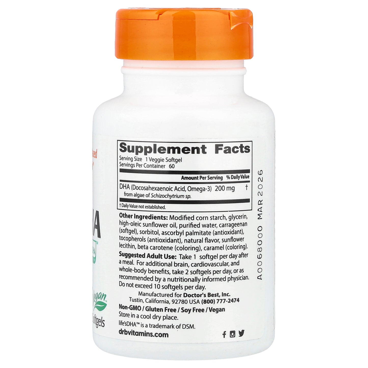 Doctor's Best, Vegan DHA from Algae with Life's DHA™ , 200 mg, 60 Veggie Softgels