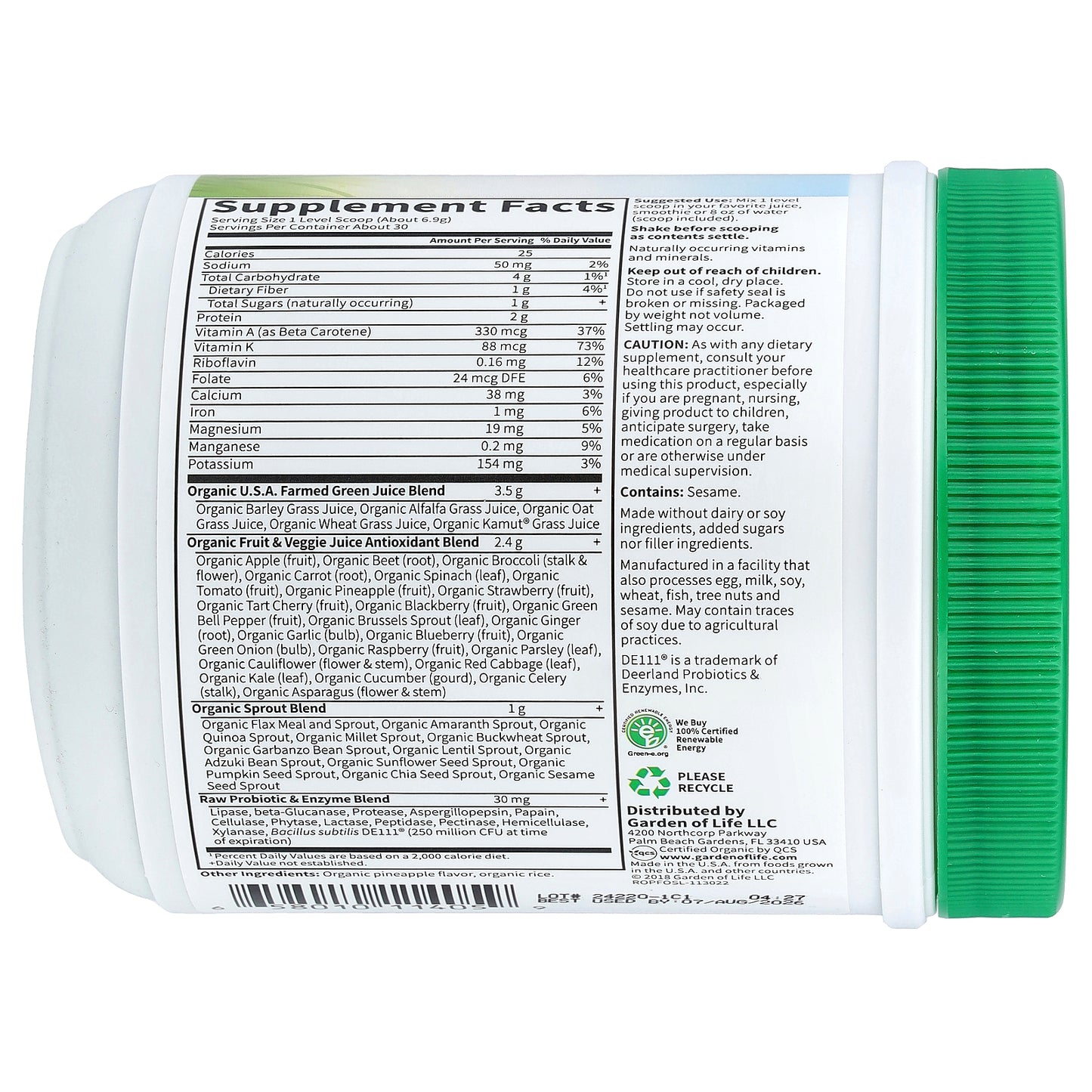 Garden of Life, Raw Organic Perfect Food®, Green Superfood, Juiced Greens Powder, Original, 7.3 oz (207 g)