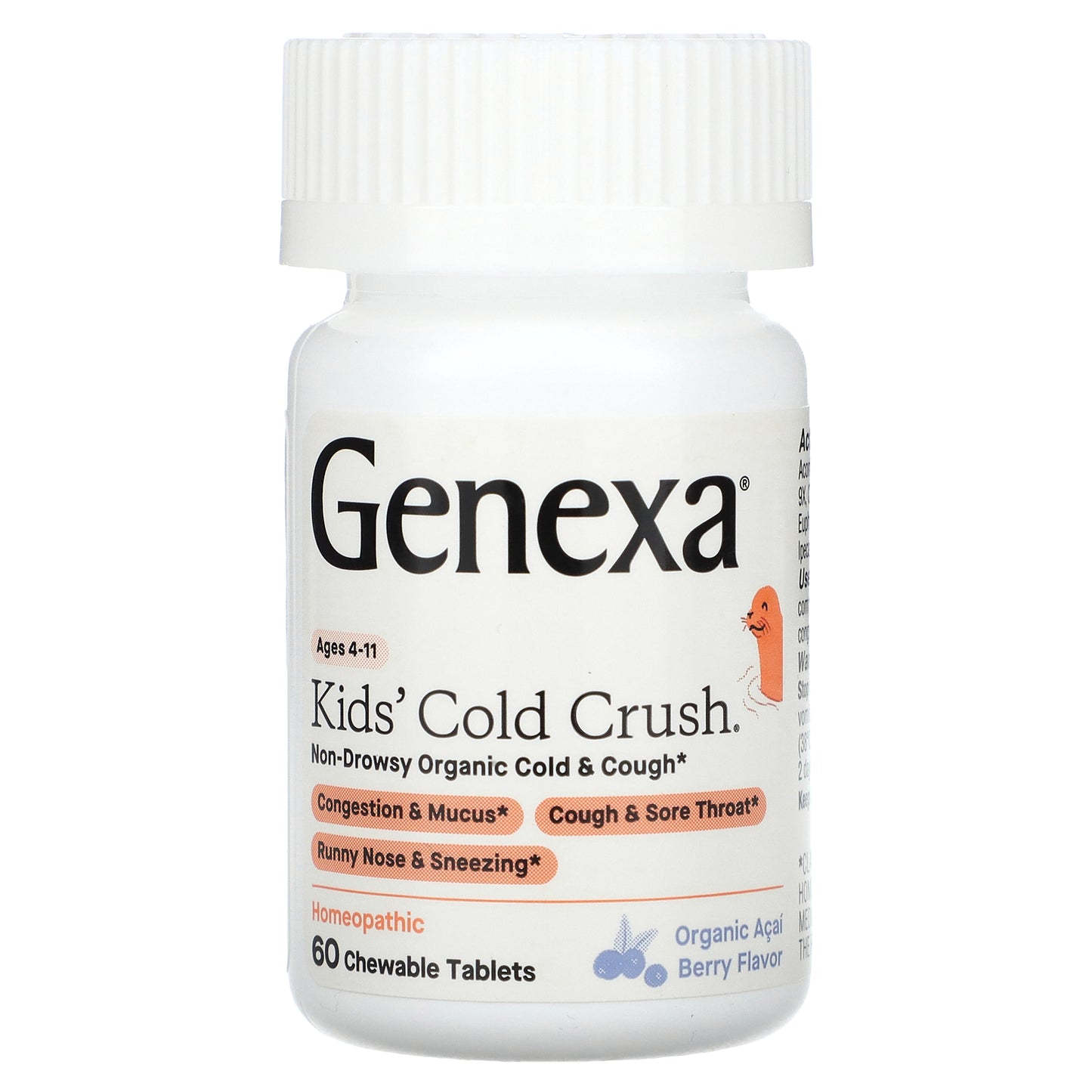 Genexa, Kids´ Cold Crush, Ages 4-11, Organic Acai Berry, 60 Chewable Tablets