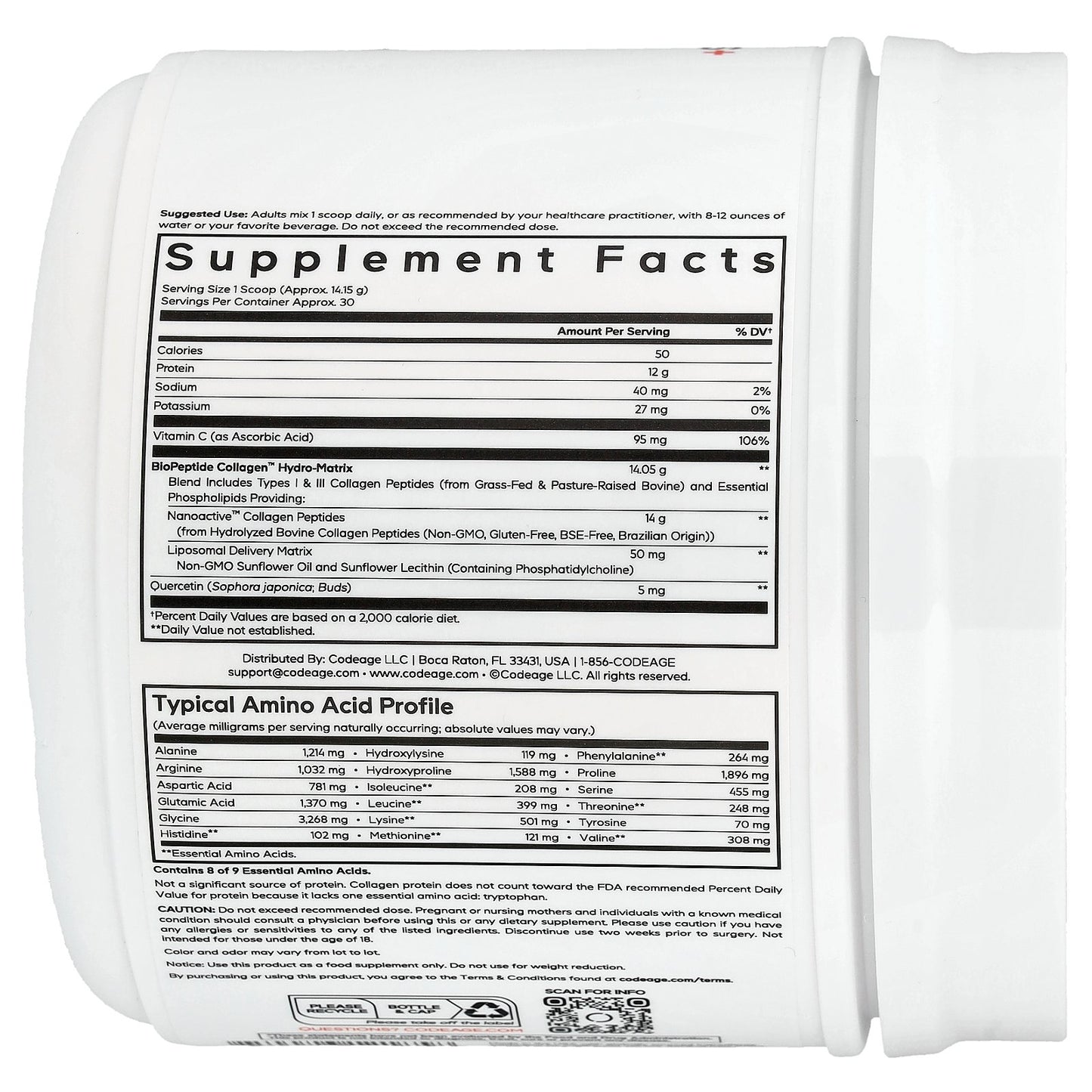 Codeage, Liposomal Collagen Peptides+ Powder, Unflavored, 14.97 oz (424.5 g)