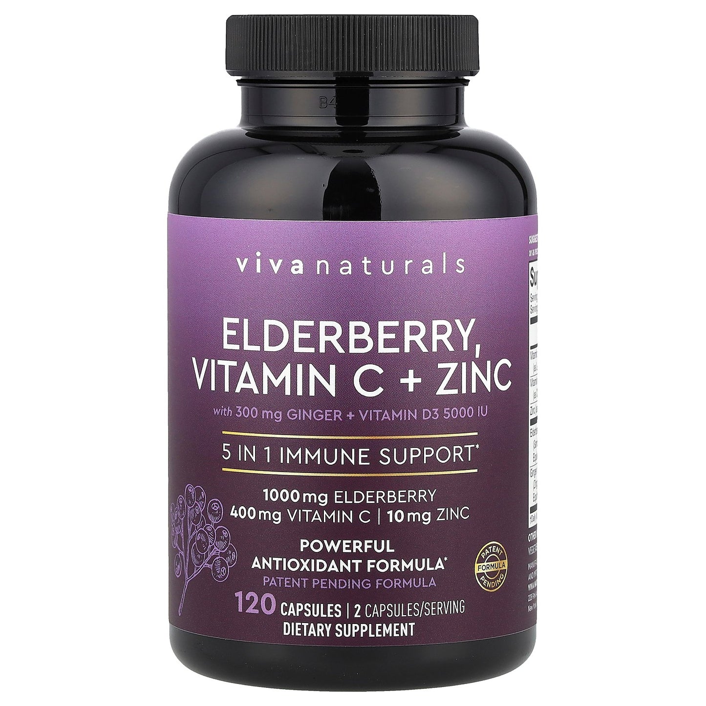 Viva Naturals, Elderberry, Vitamin C + Zinc, 120 Capsules