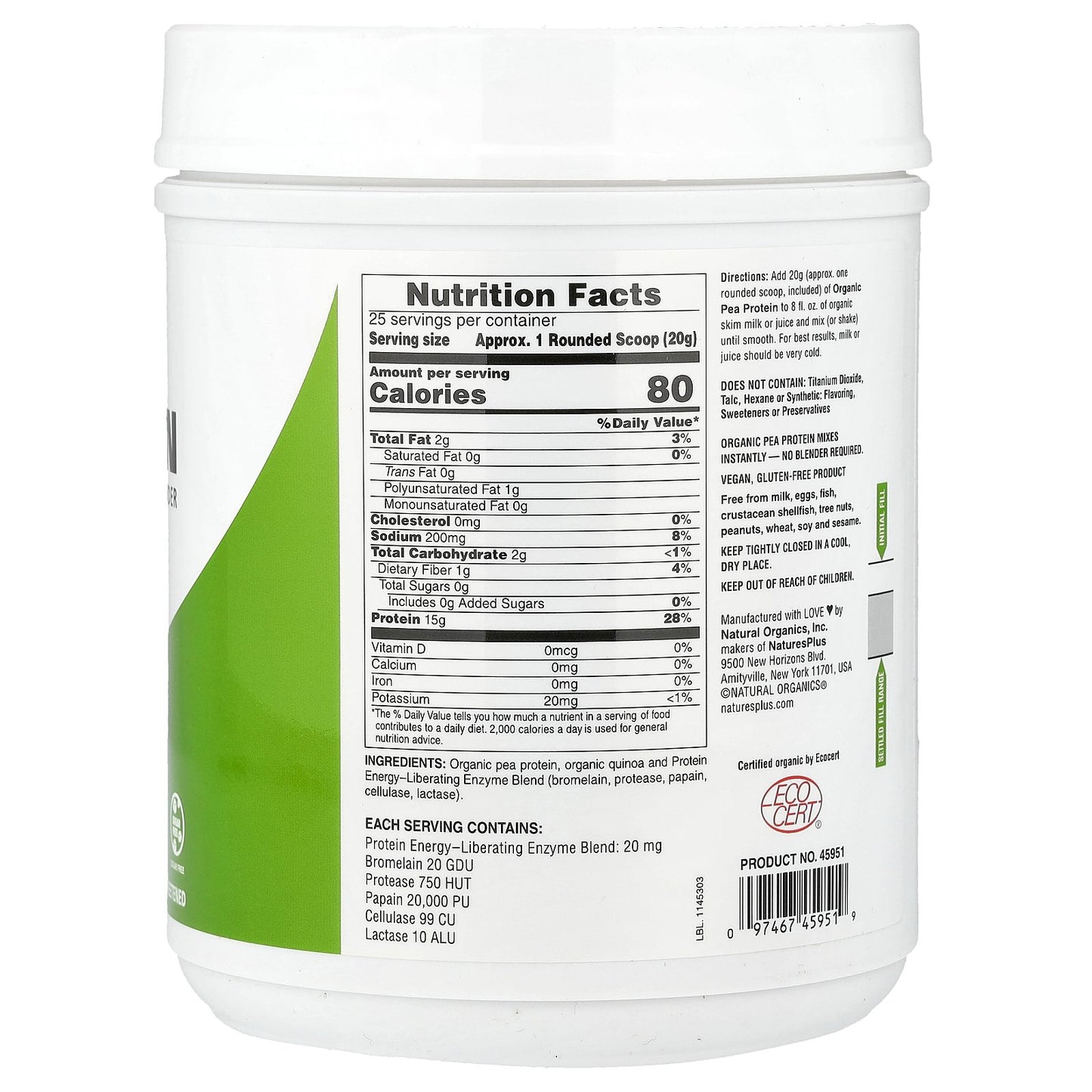 NaturesPlus, Pea Protein, Unflavored, 1.1 lbs (500 g)