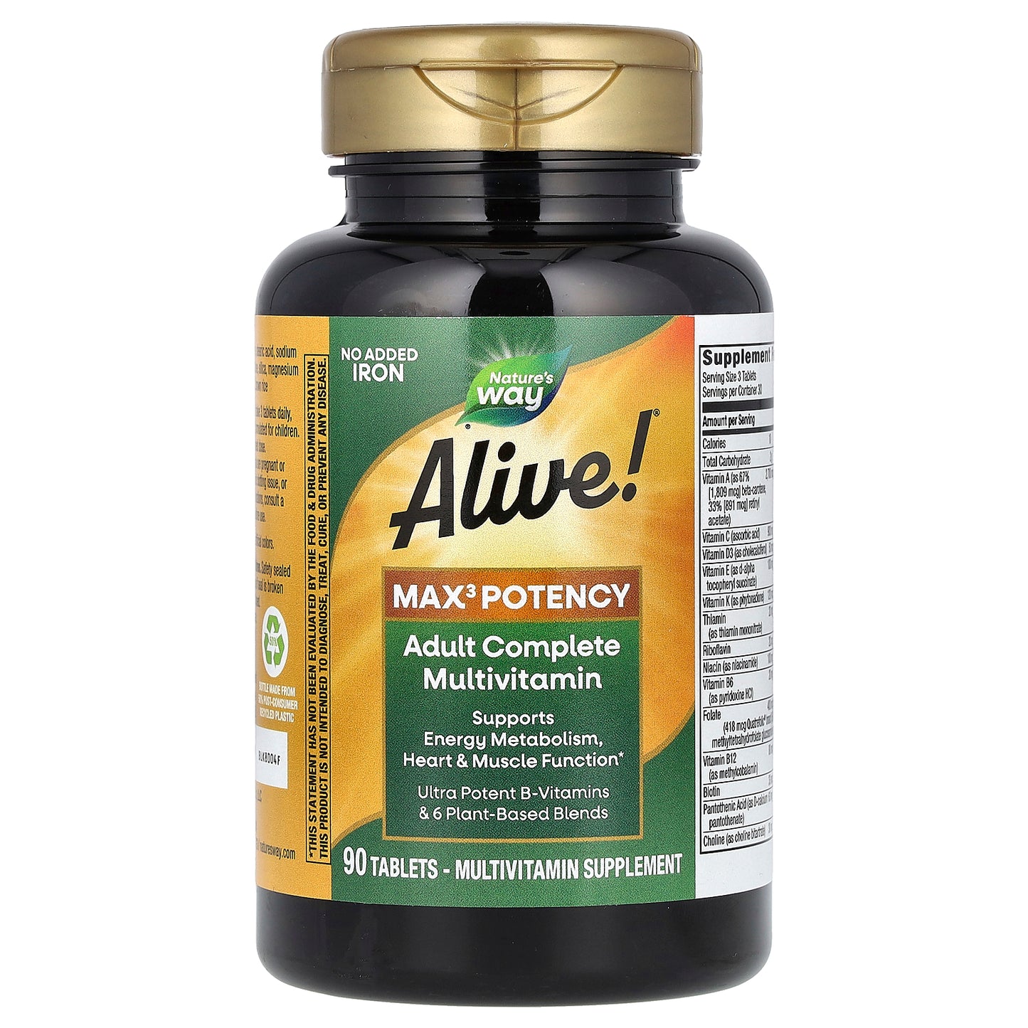 Nature's Way, Alive!® Max3 Potency, Adult Complete Multivitamin, No Added Iron, 90 Tablets