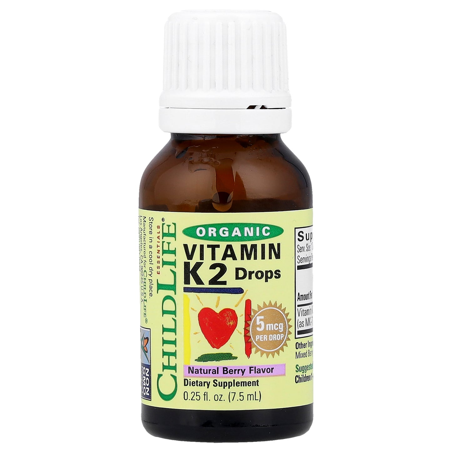 ChildLife Essentials, Organic Vitamin K2 Drops, Natural Berry, 5 mcg, 0.25 fl oz (7.5 ml)