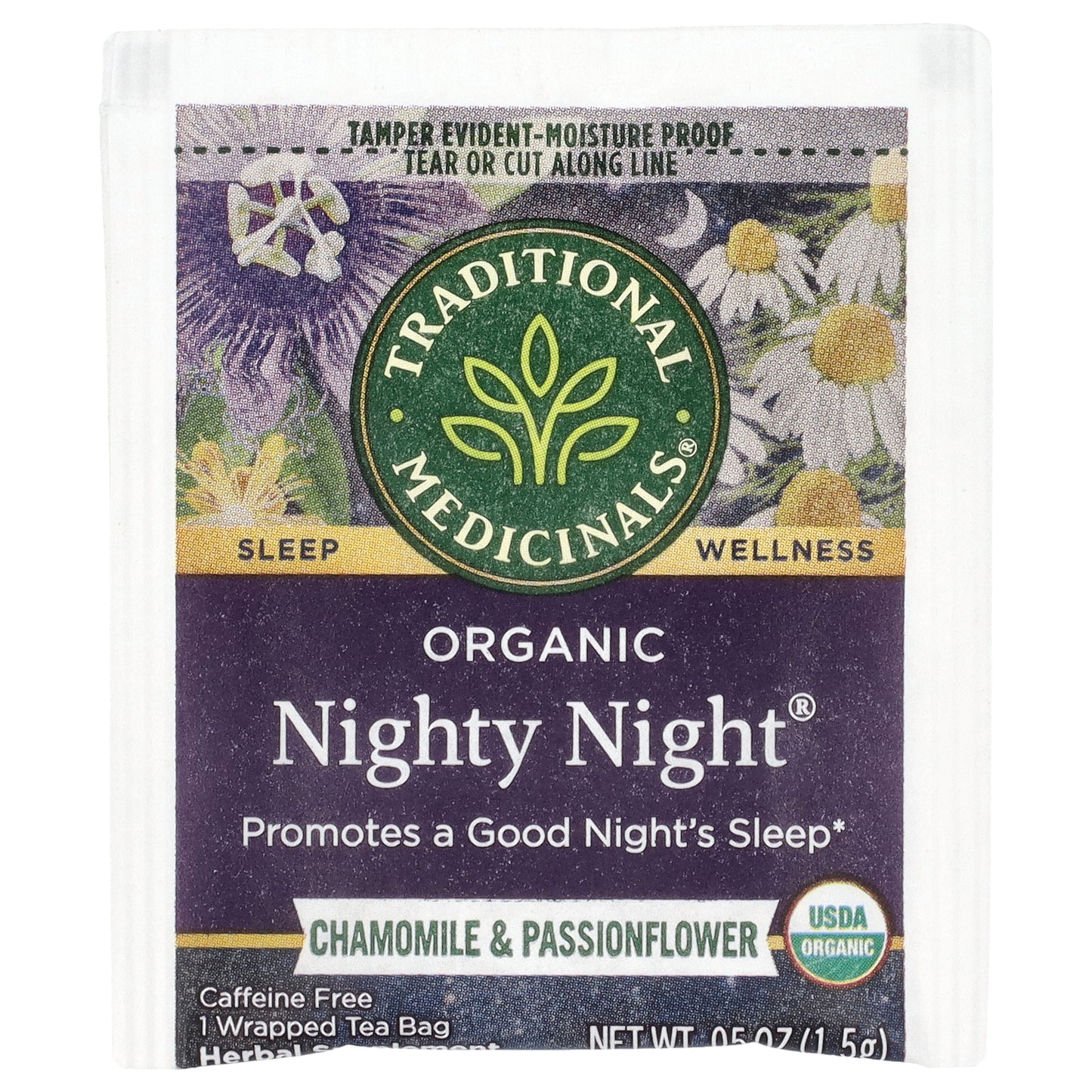 Traditional Medicinals, Organic Nighty Night®, Chamomile & Passionflower, Caffeine Free, 16 Wrapped Tea Bags, 0.85 oz (24 g)