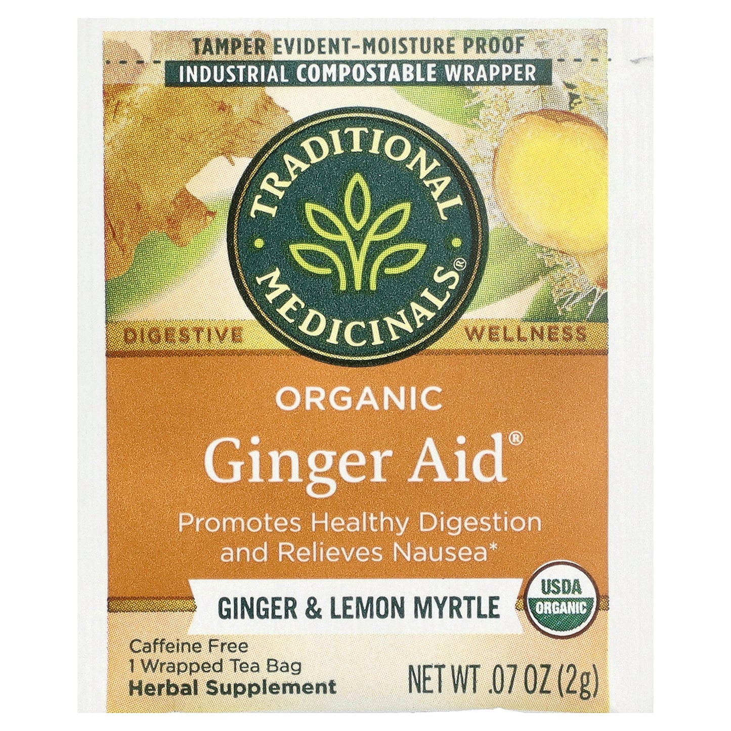 Traditional Medicinals, Organic Ginger Aid®, Ginger & Lemon Myrtle, Caffeine Free, 16 Wrapped Tea Bags, 1.13 oz (32 g)