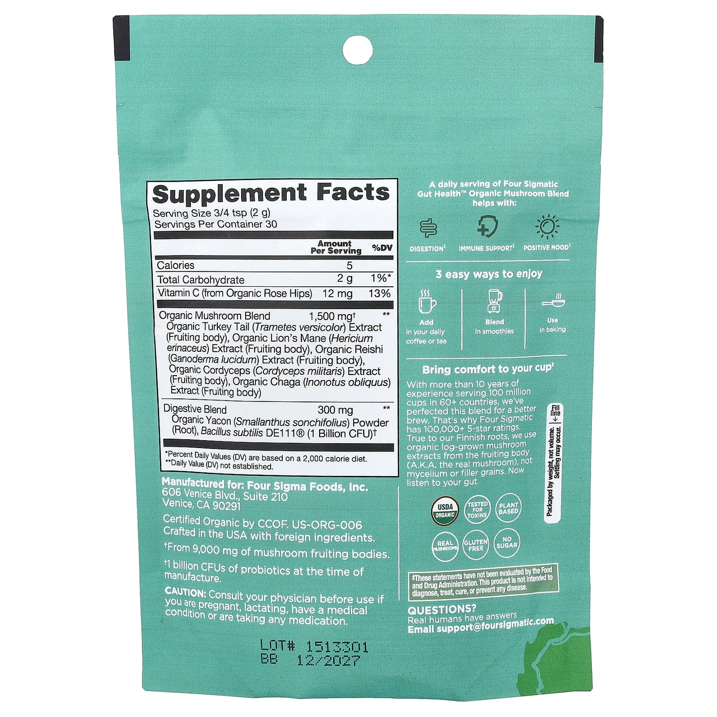 Four Sigmatic, Gut Health, Organic Mushroom Blend, Caffeine Free, 2.12 oz (60 g)