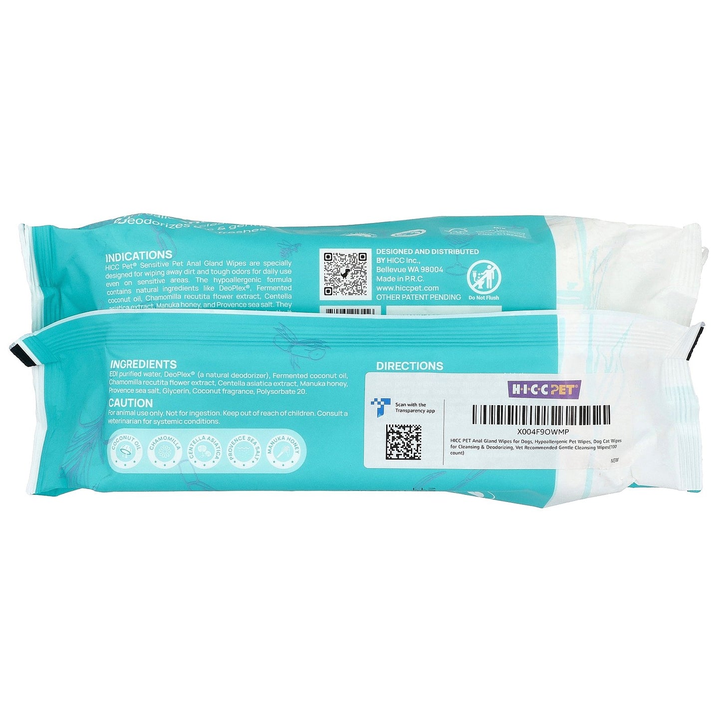 HICC Pet, Sensitive Pet Anal Gland Wipes, For Dogs & Cats, Coconut, 100 Wipes