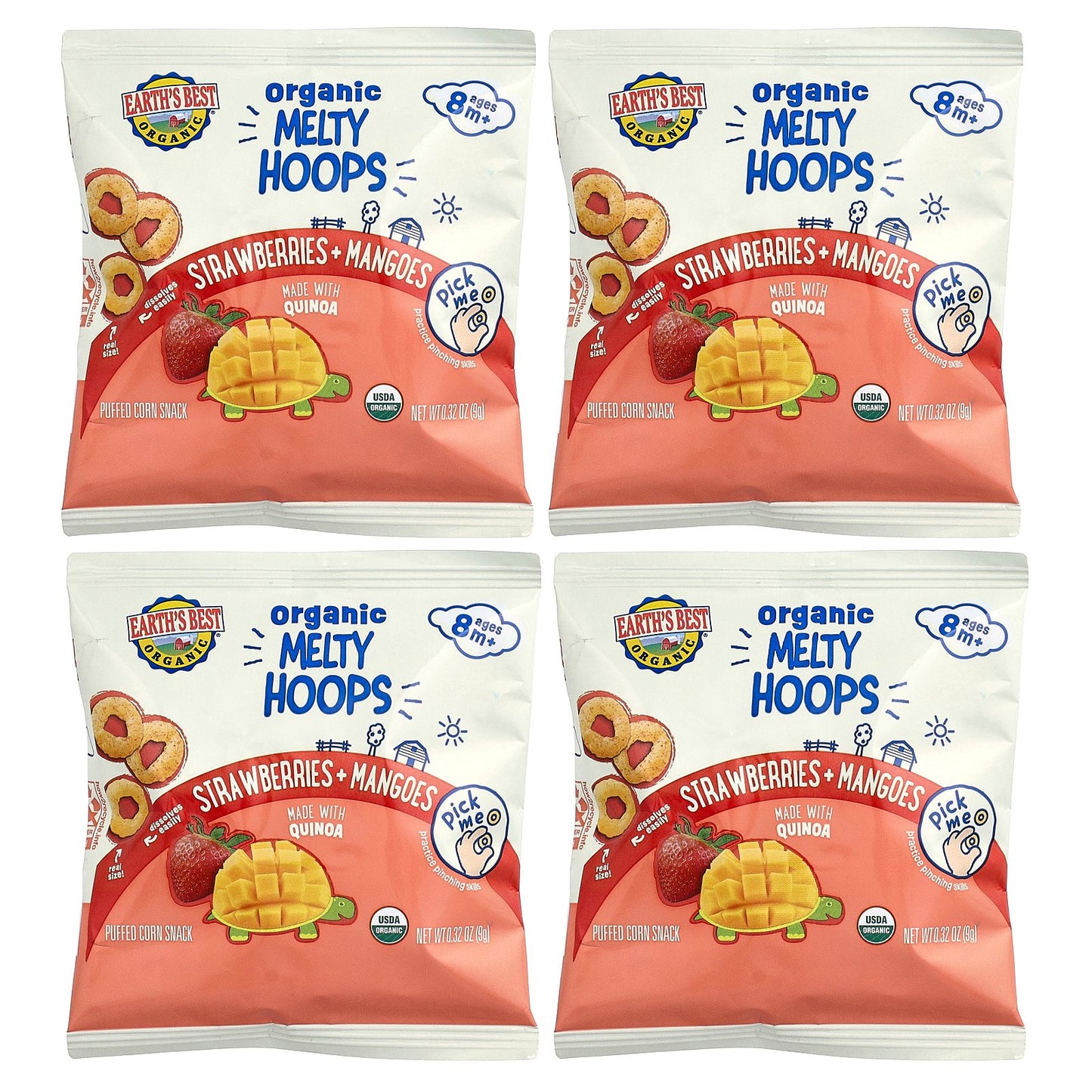 Earth's Best, Organic Melty Hoops, Puffed Corn Snack, 8+ Months, Strawberries + Mangoes, 4 Single Serve Packs, 0.32 oz (9 g) Each