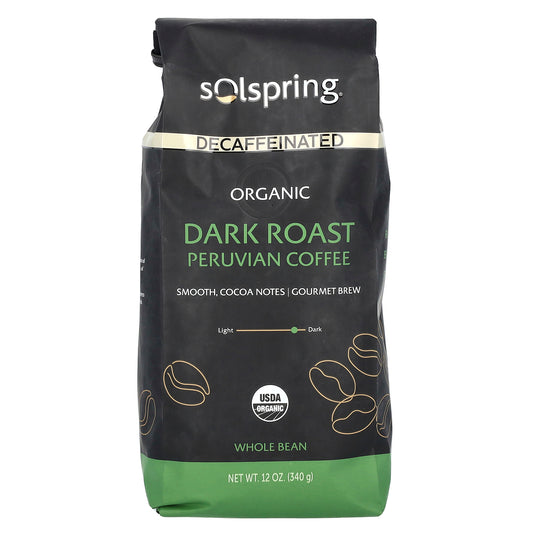 Dr. Mercola, Solspring, Organic Peruvian Coffee, Whole Bean, Dark Roast, Decaffeinated, 12 oz (340 g)