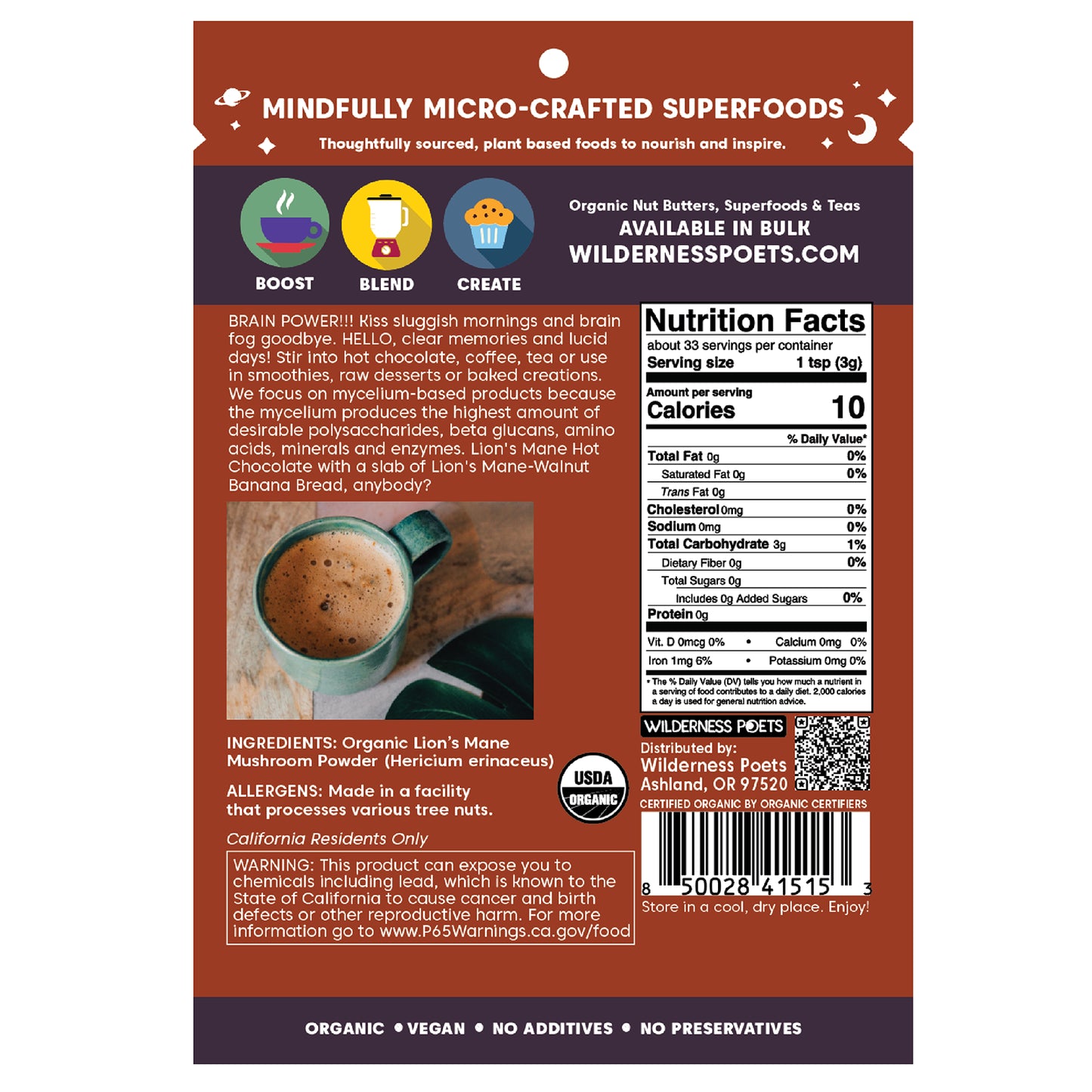 Wilderness Poets, Organic Lion's Mane Mushroom Powder, 3.5 oz (99 g)