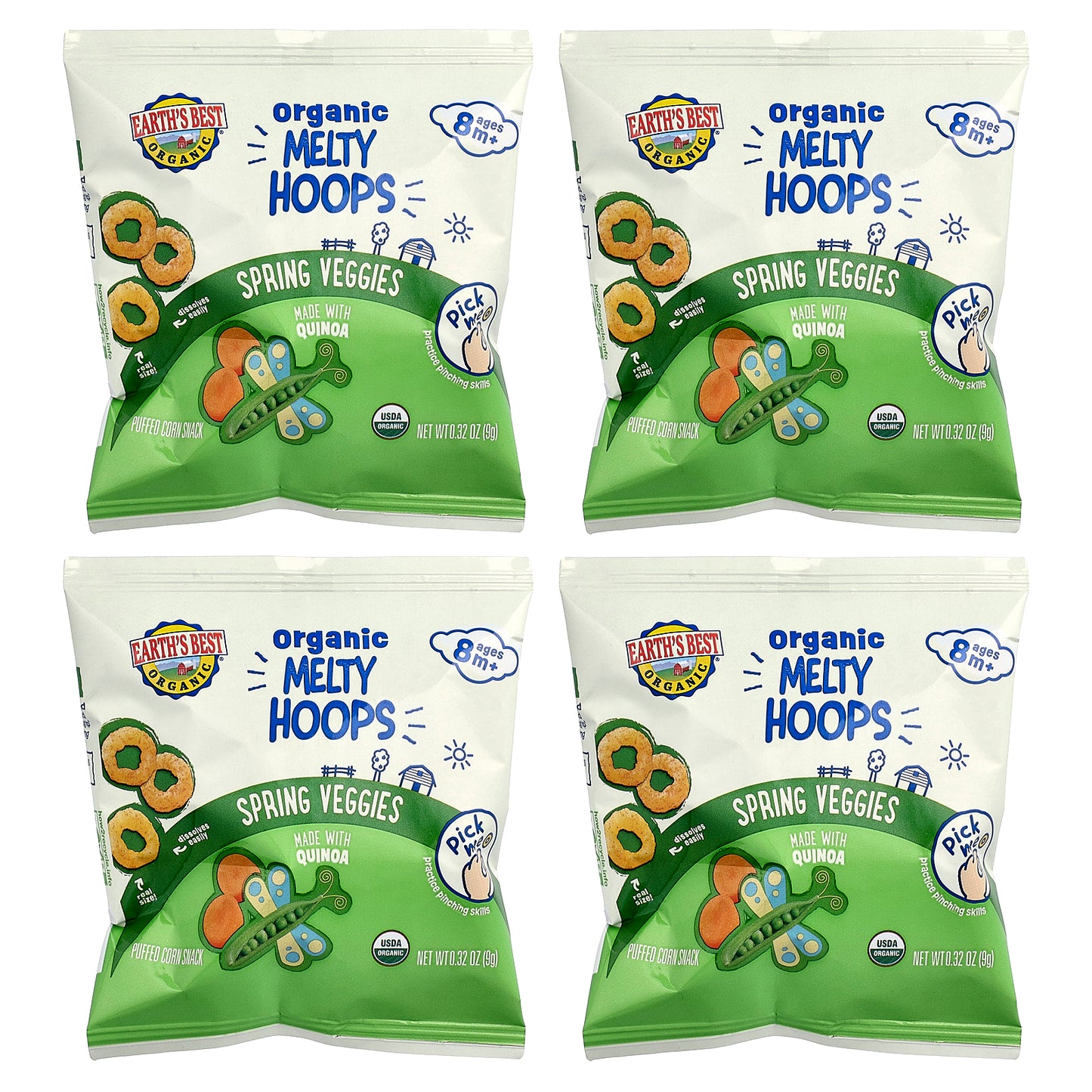 Earth's Best, Organic Melty Hoops, Puffed Corn Snack, 8+ Months, Spring Veggies, 4 Single Serve Packs, 0.32 oz (9 g) Each