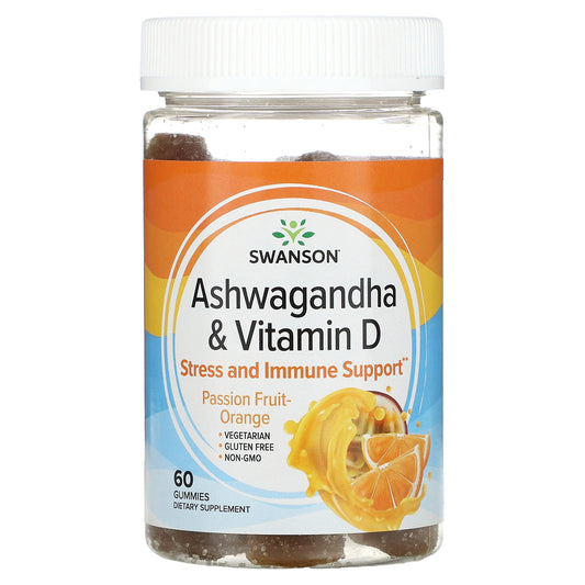 Swanson, Ashwagandha & Vitamin D, Passion Fruit-Orange, 60 Gummies