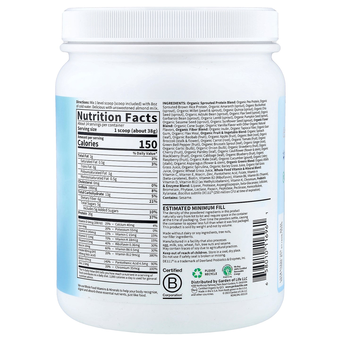 Garden of Life, RAW Organic Meal Replacement Shake, Lightly Sweet, 1 lb 2.76 oz (532 g)