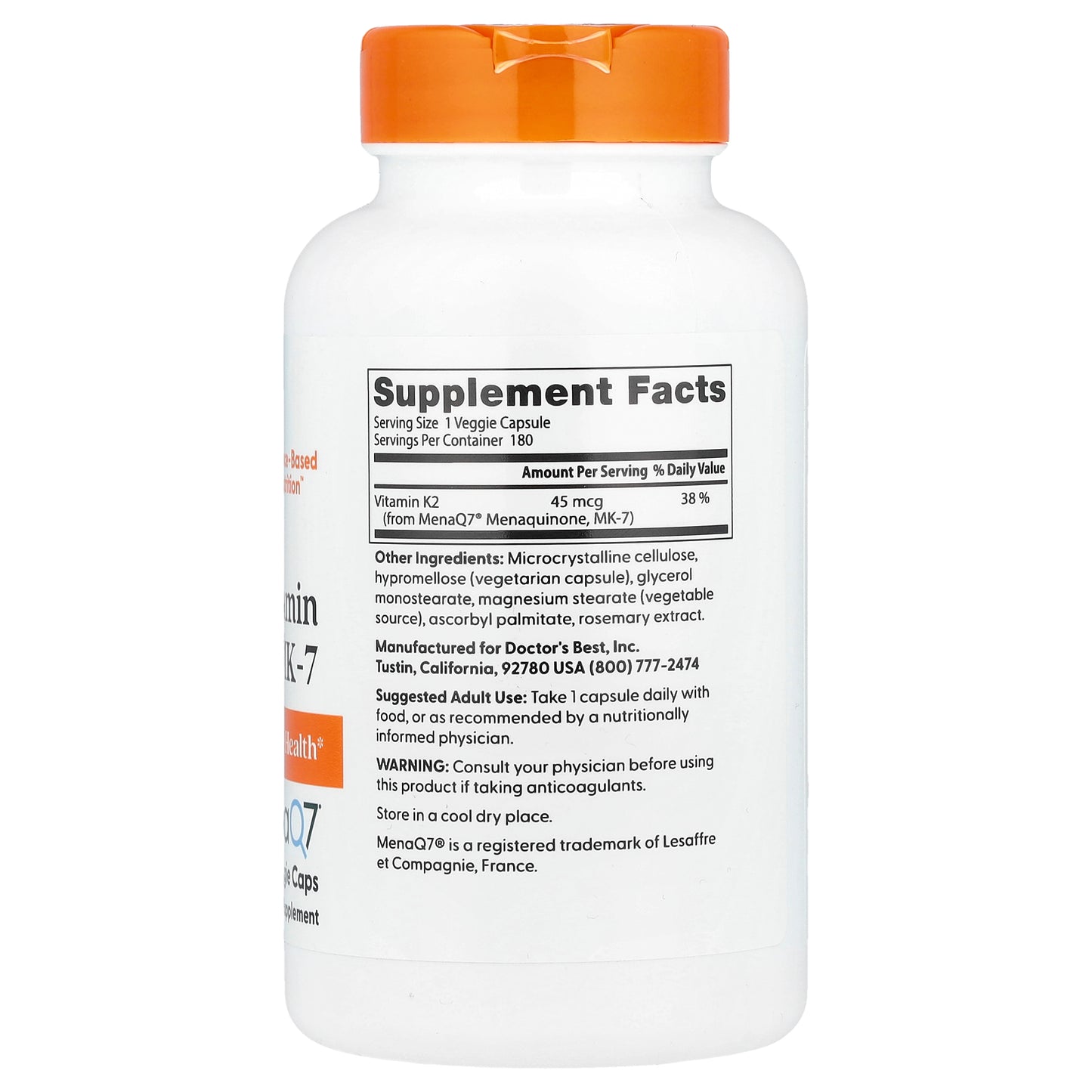 Doctor's Best, Natural Vitamin K2 MK-7 , 45 mcg, 180 Veggie Caps