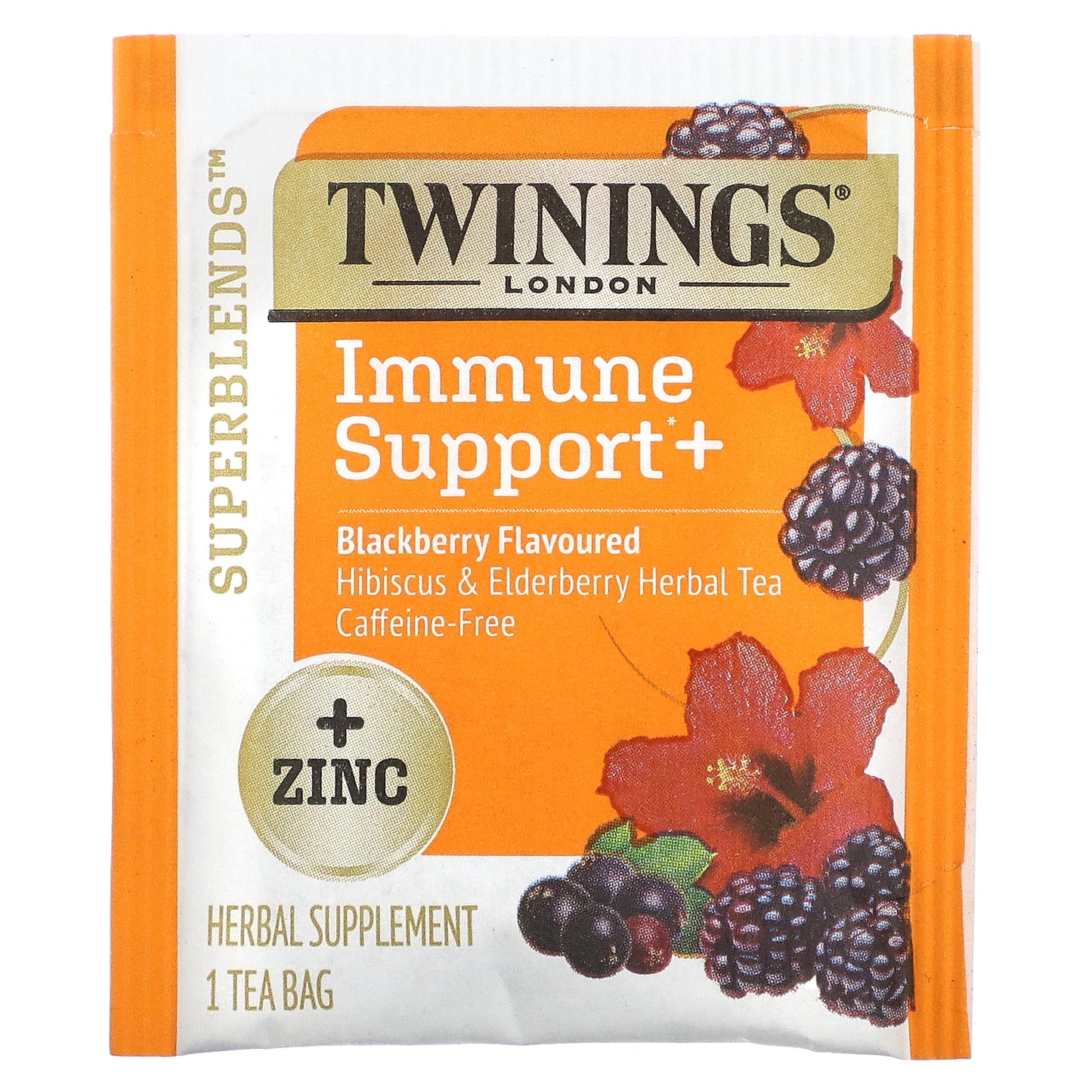 Twinings, Superblends™, Immune Support+ Hibiscus & Elderberry Herbal Tea, Blackberry, Caffeine-Free, 16 Tea Bags, 1.12 oz (32 g)