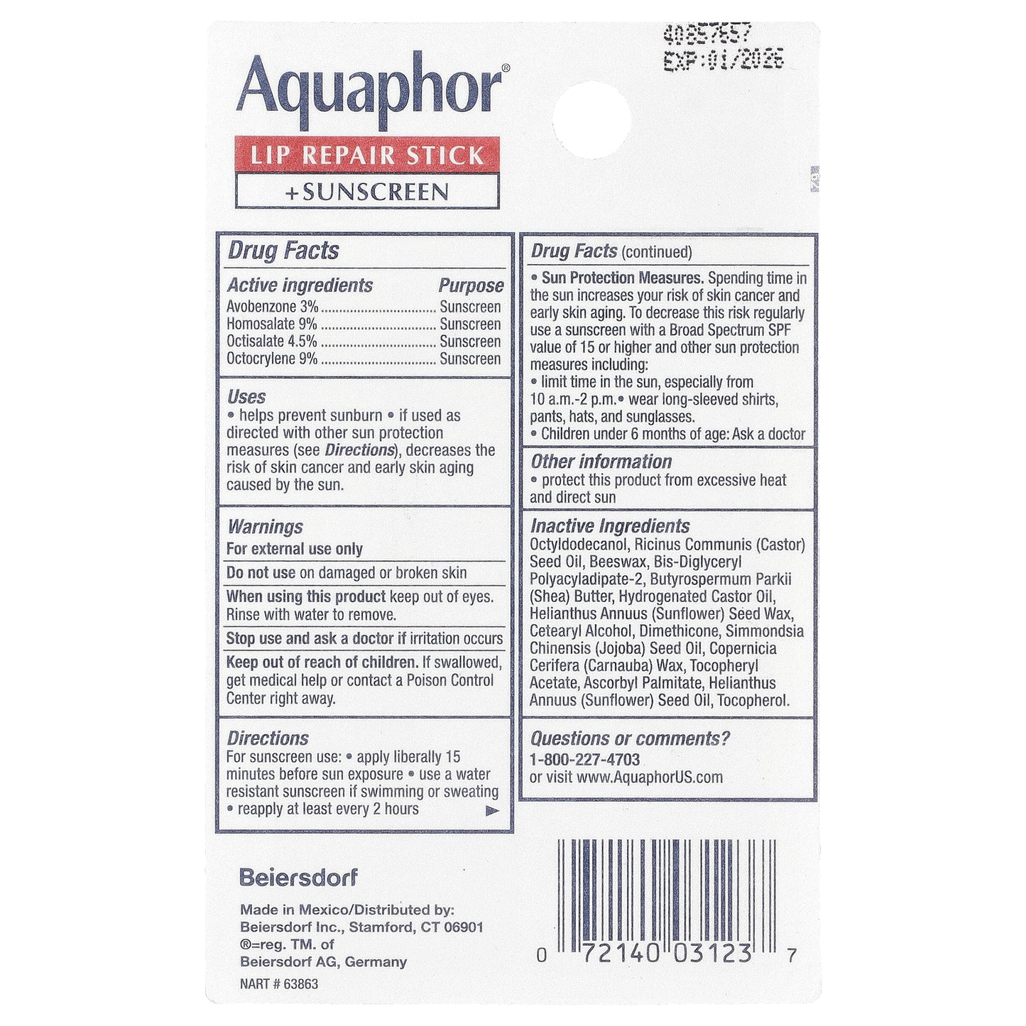 Aquaphor, Lip Repair Stick + Sunscreen, SPF 30, Fragrance Free, 2 Sticks, 0.17 oz (4.8 g) Each
