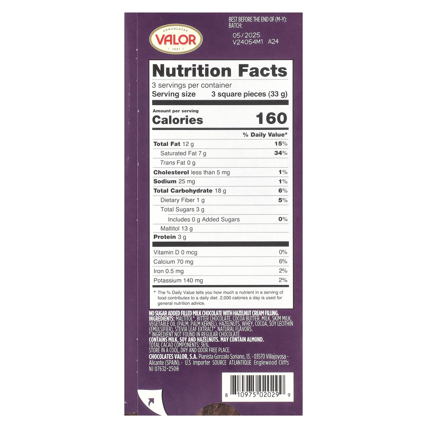 Valor, 0% Sugar Added, Creamy Milk Chocolate with Hazelnut Cream Filling, 3.5 oz (100 g)