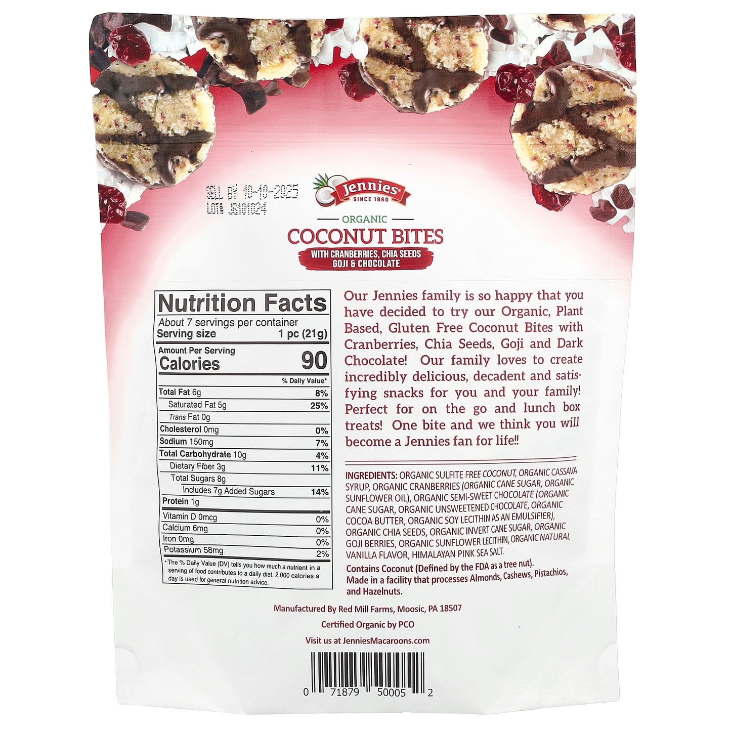 Jennies Macaroons, Organic Coconut Bites, with Cranberries, Chia Seeds, Goji & Chocolate, 5.25 oz (149 g)