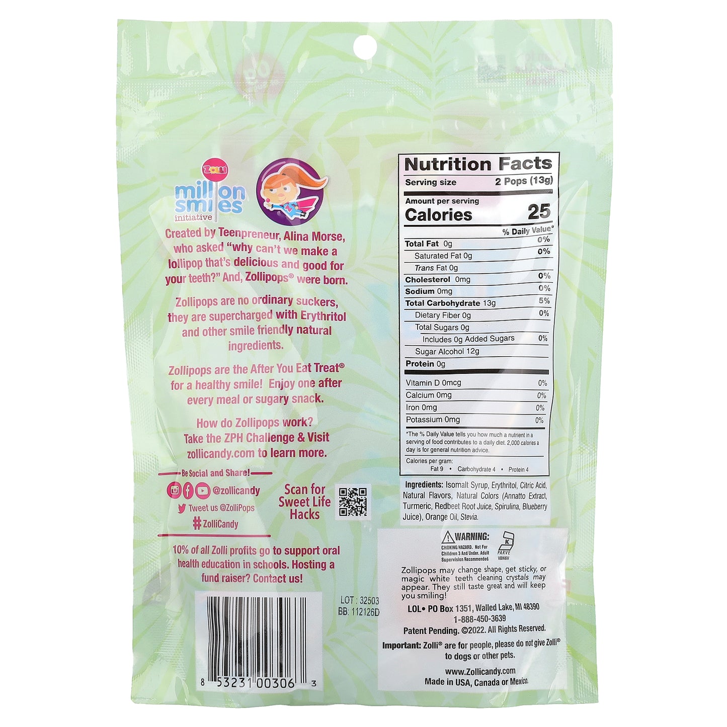 Zollipops, The Clean Teeth Pops, Tropical Fruit, Approx. 23-25 Pops, 5.2 oz