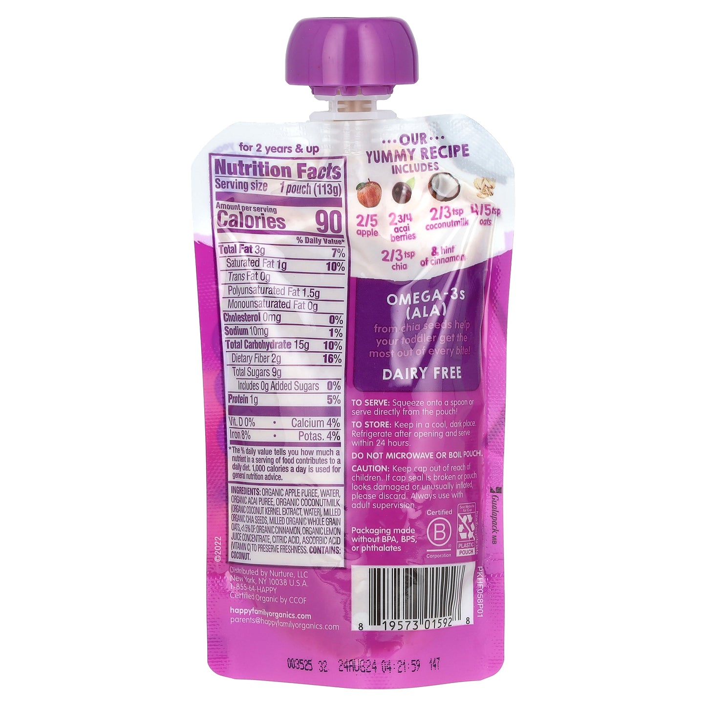 Happy Family Organics, Happy Tot®, Super Morning, Dairy Free, For 2+ Years, Organic Apples, Acai, Coconutmilk, Oats & Chia, 4 oz (113 g)