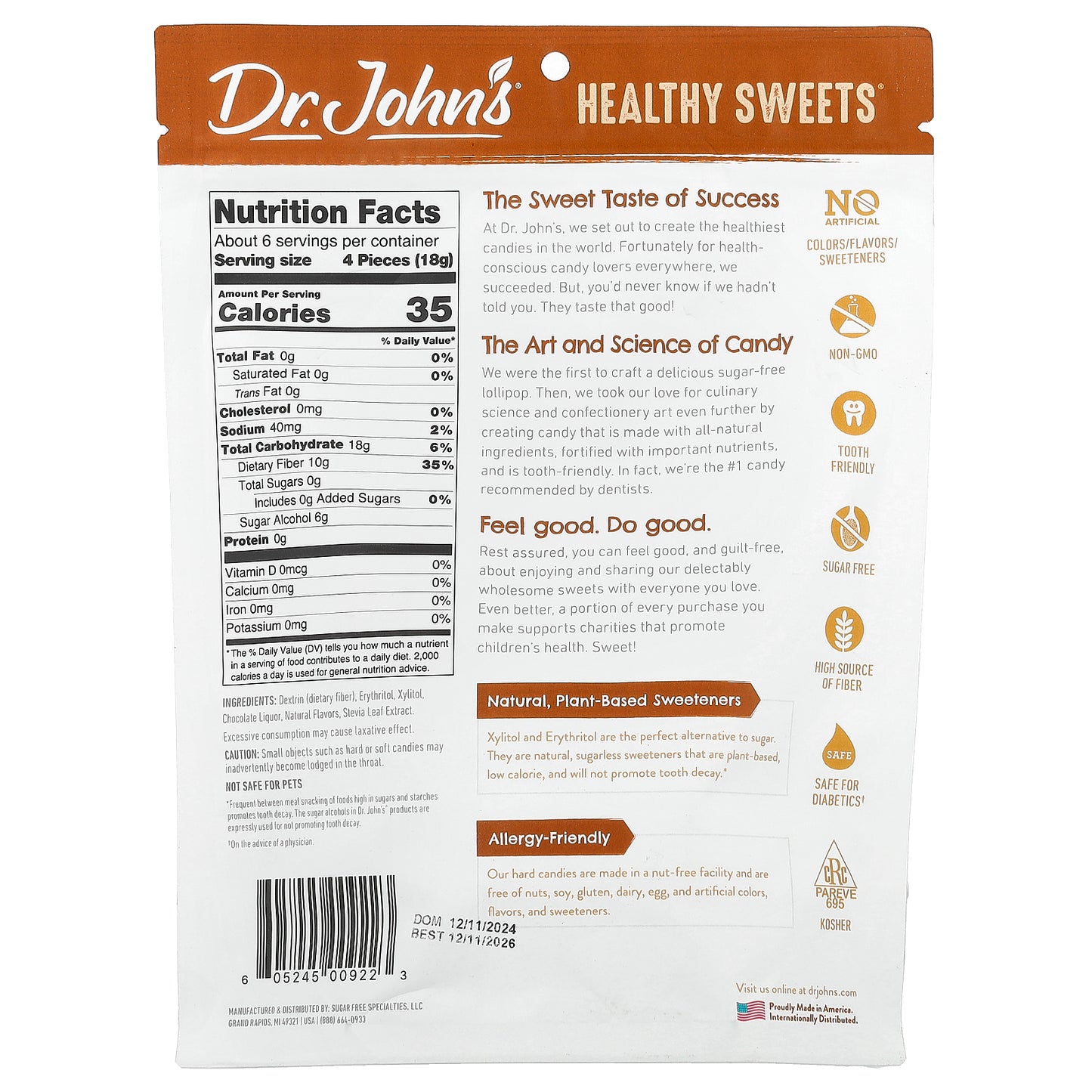 Dr. John's Healthy Sweets, Chocolate Hard Candy, + Fiber, Sugar Free, 3.85 oz (109 g)