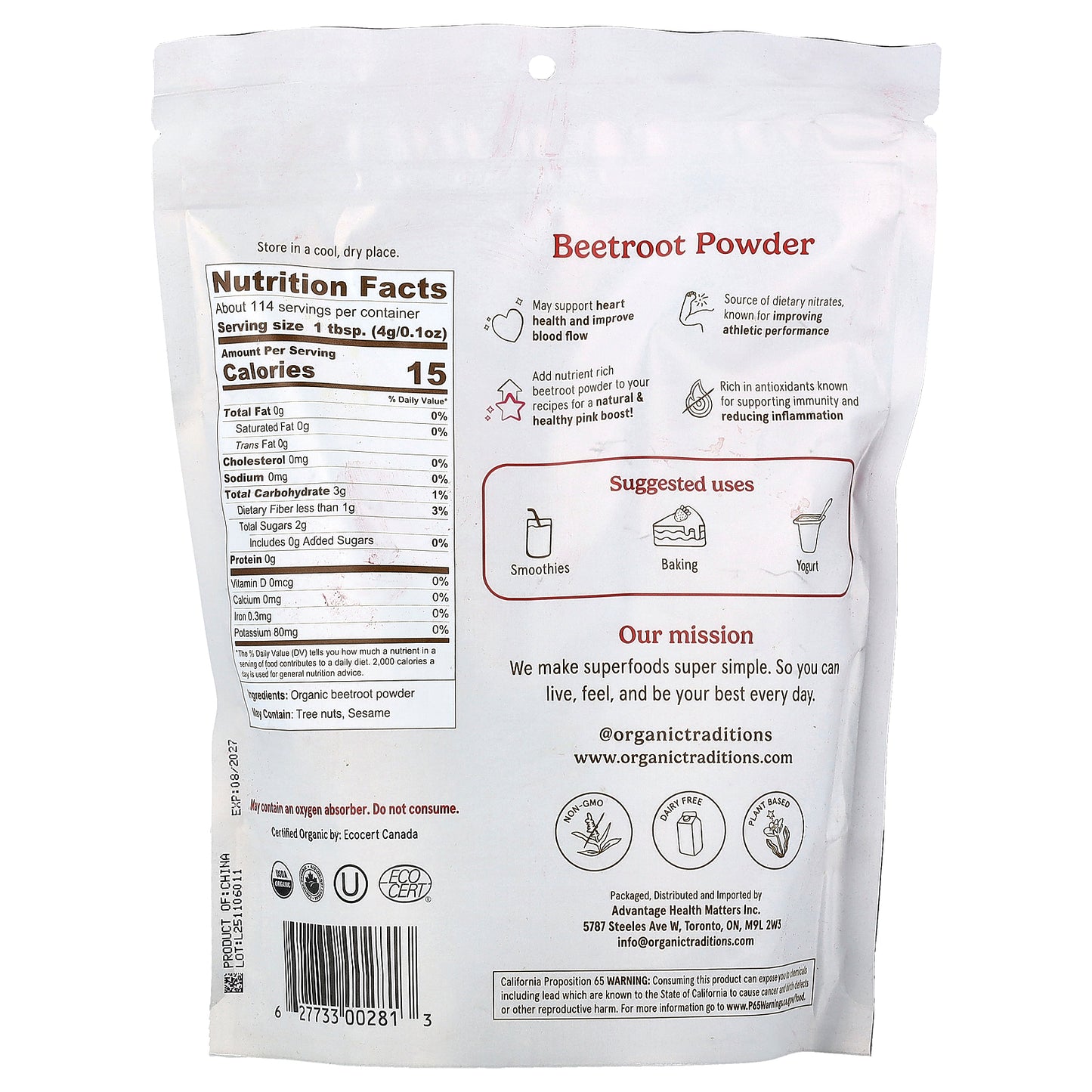 Organic Traditions, Superfoods, Beetroot Powder, 16 oz (454 g)