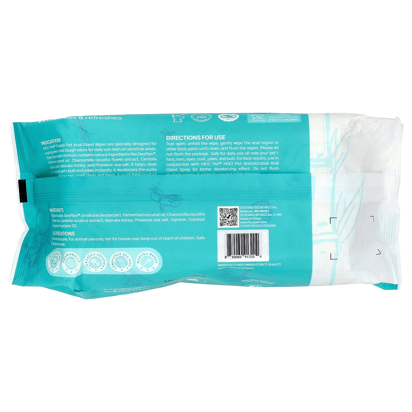 HICC Pet, Flushable Pet Anal Gland Wipes, For Dogs & Cats, Coconut, 100 Wipes