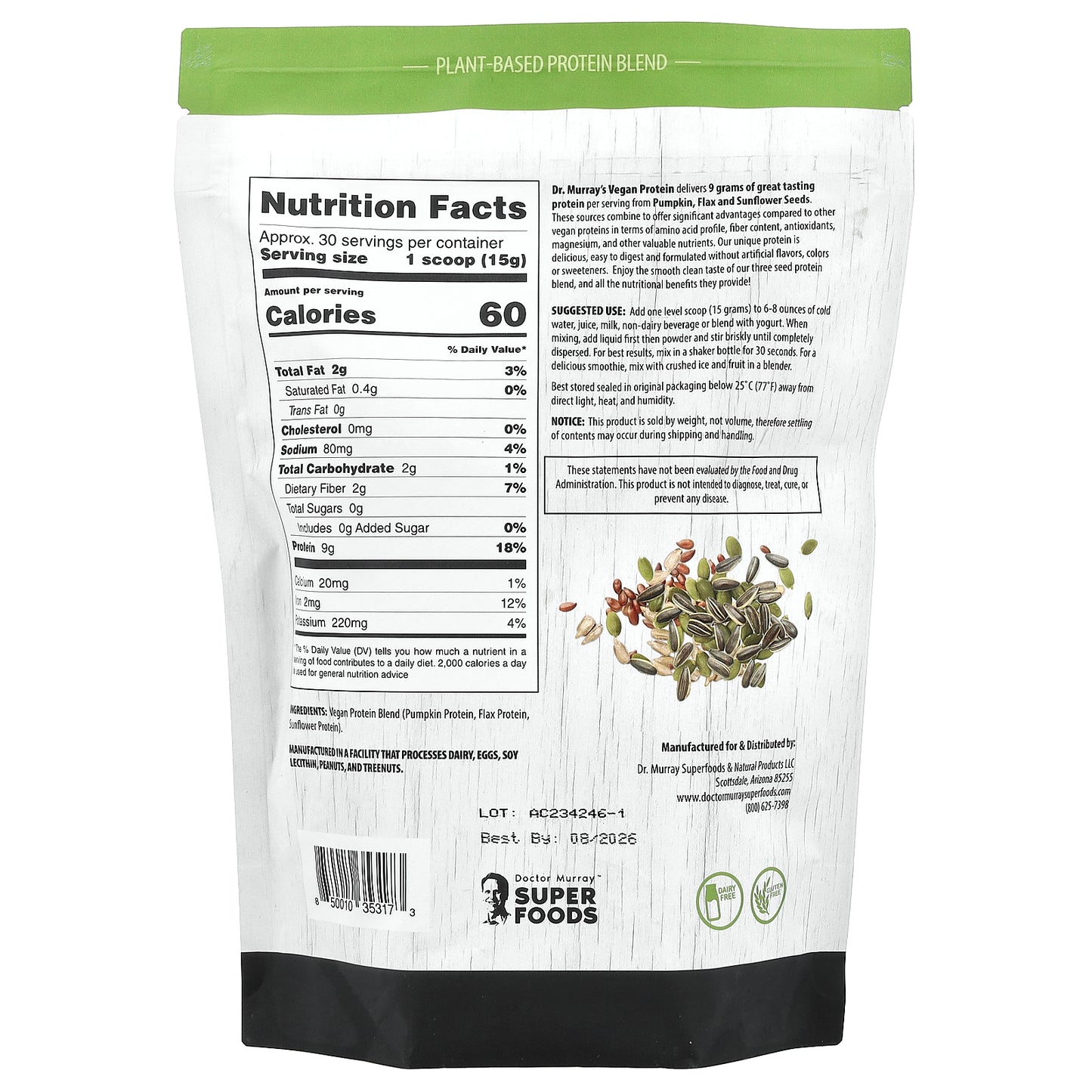 Dr. Murray's, Super Foods, 3 Seed Protein Powder, Pumpkin + Flax + Sunflower, Unflavored, 16 oz (453.5 g)