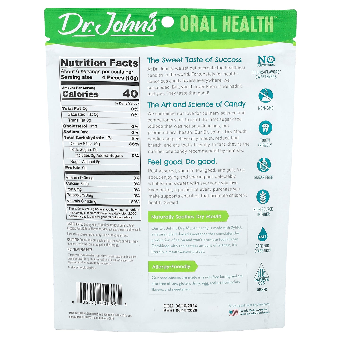 Dr. John's Healthy Sweets, Oral Health™, Dry Mouth Drops, + Xylitol, Tart Cherry, 24 Individually Wrapped Candies, 3.85 oz (109 g)