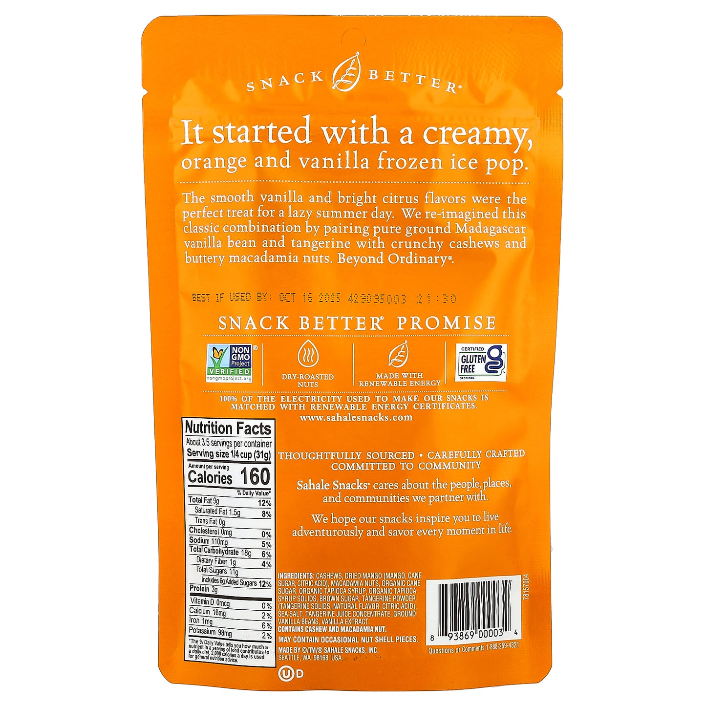 Sahale Snacks, Glazed Mix, Tangerine Vanilla Cashew-Macadamia, 4 oz (113 g)