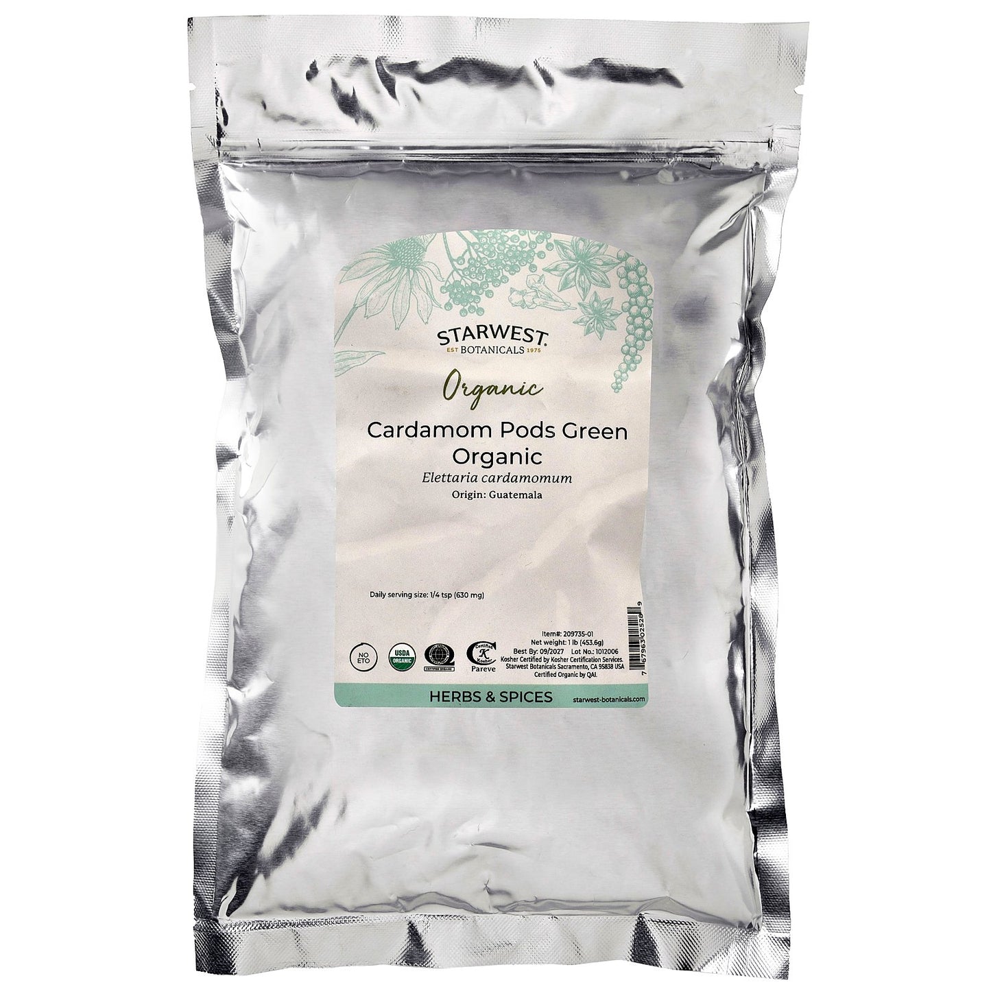 Starwest Botanicals, Organic Cardamom Pods Green, 1 lb (453.6 g)