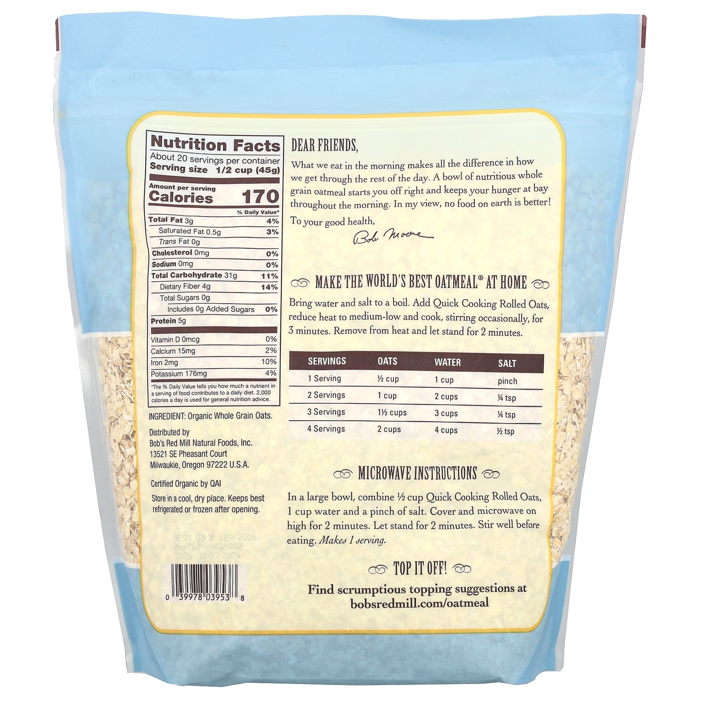 Bob's Red Mill, Organic, Quick Cooking Rolled Oats, Whole Grain, 32 oz (907 g)