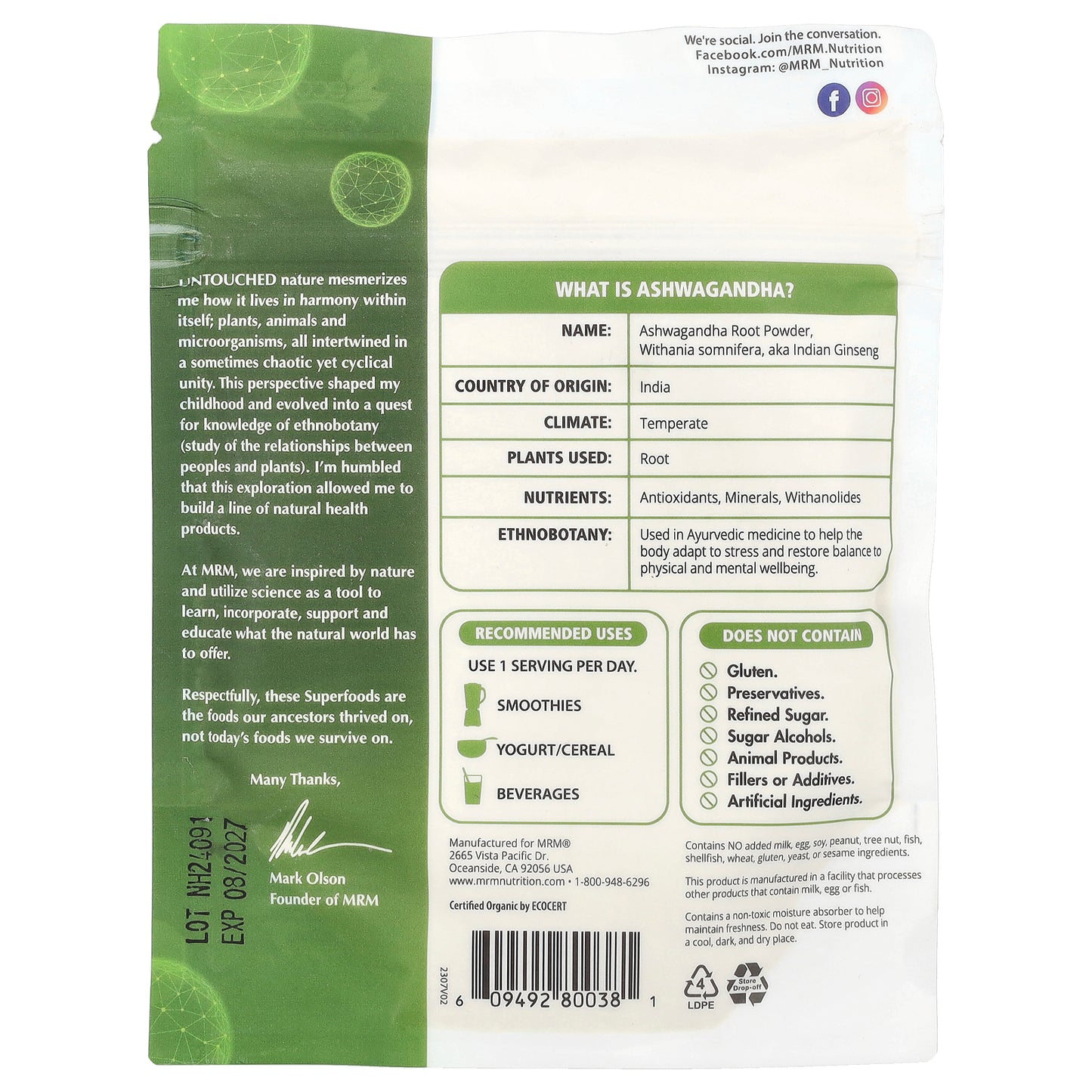 MRM Nutrition, Organic Ashwagandha Root Powder, 4 oz (113 g)