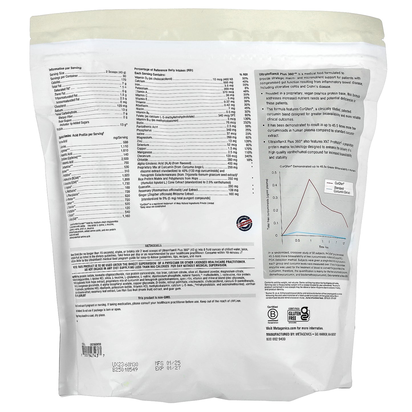 Metagenics, UltralnflamX Plus 360°®, Medical Food, Tropical Mango, 45.5 oz (1,290 g)