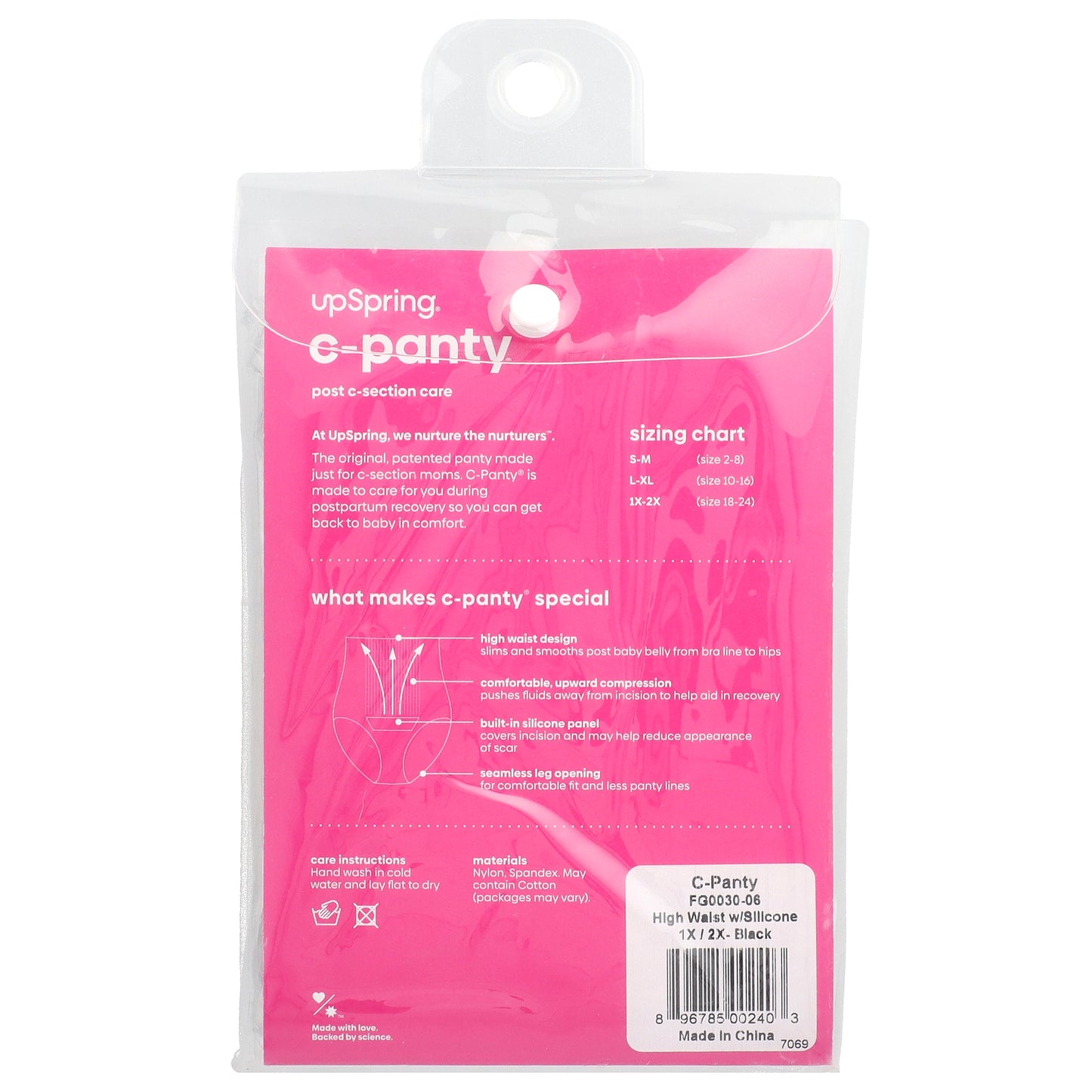 UpSpring, C-Panty®, Post C-Section Care, With Silicon Panel, High Waist, 1X/2X, Black, 1 Count