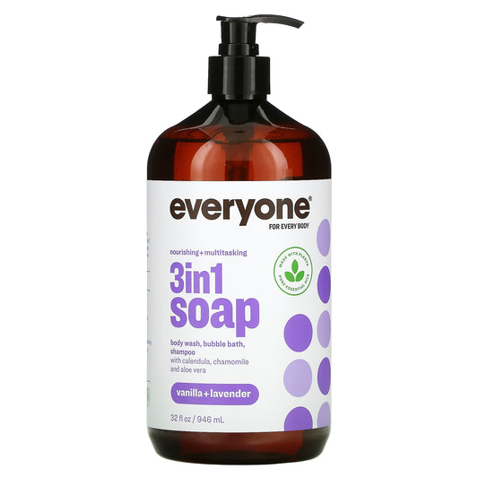 Everyone, 3 in 1 Soap, Body Wash, Bubble Bath, Shampoo, Vanilla + Lavender, 32 fl oz (946 ml)